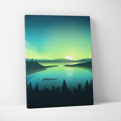 Serene Twilight Lake canvas wall art with emerald sky and calm reflection