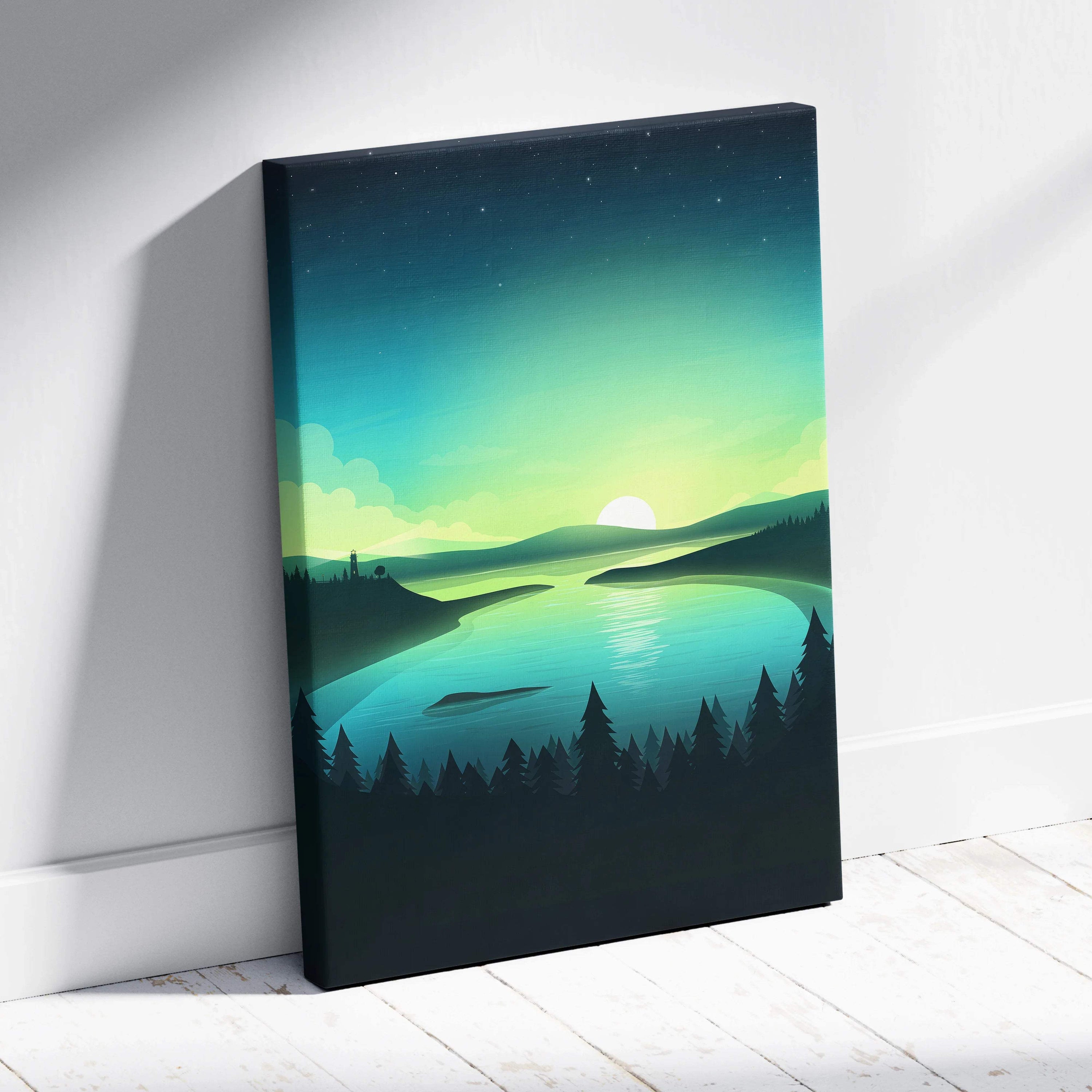 Serene twilight lake canvas art with emerald aurora sky and calm reflection