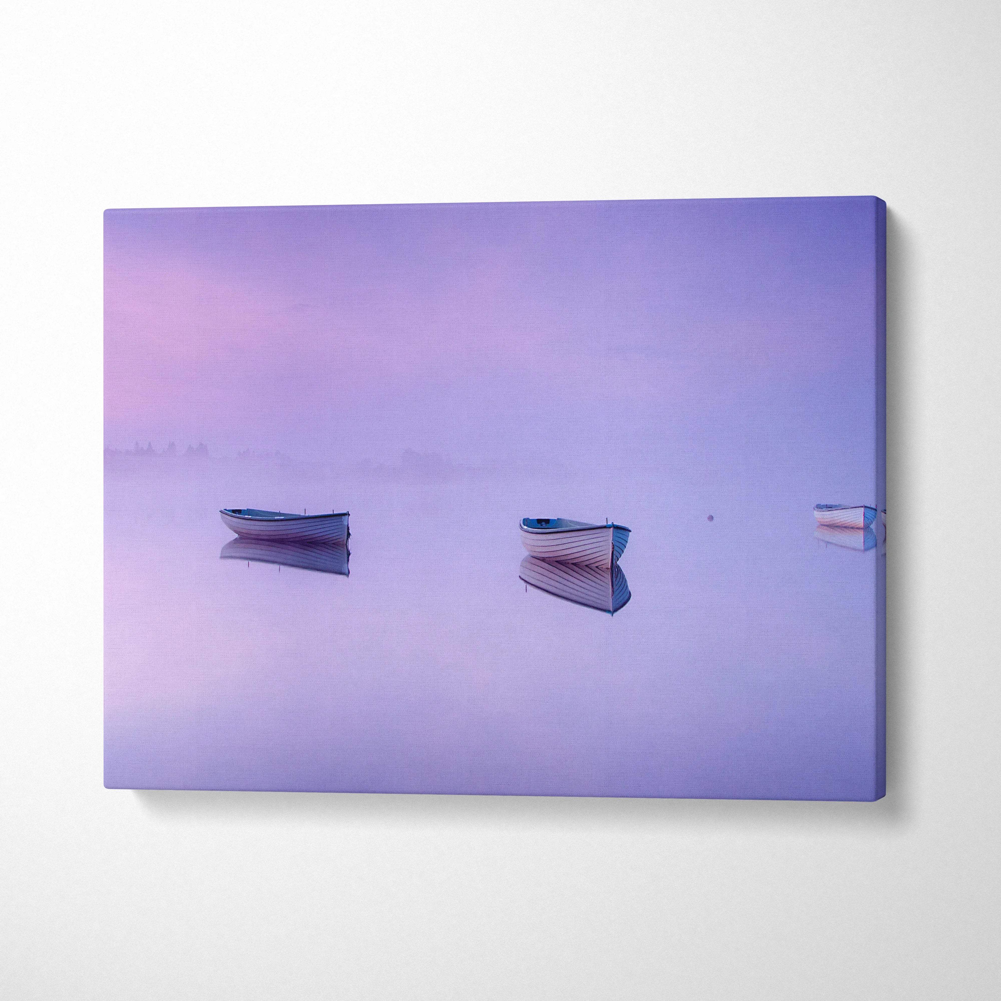 Purple pink misty landscape canvas print with 3 boats on foggy lake