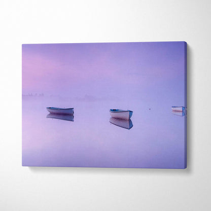 Purple pink misty landscape canvas print with 3 boats on foggy lake