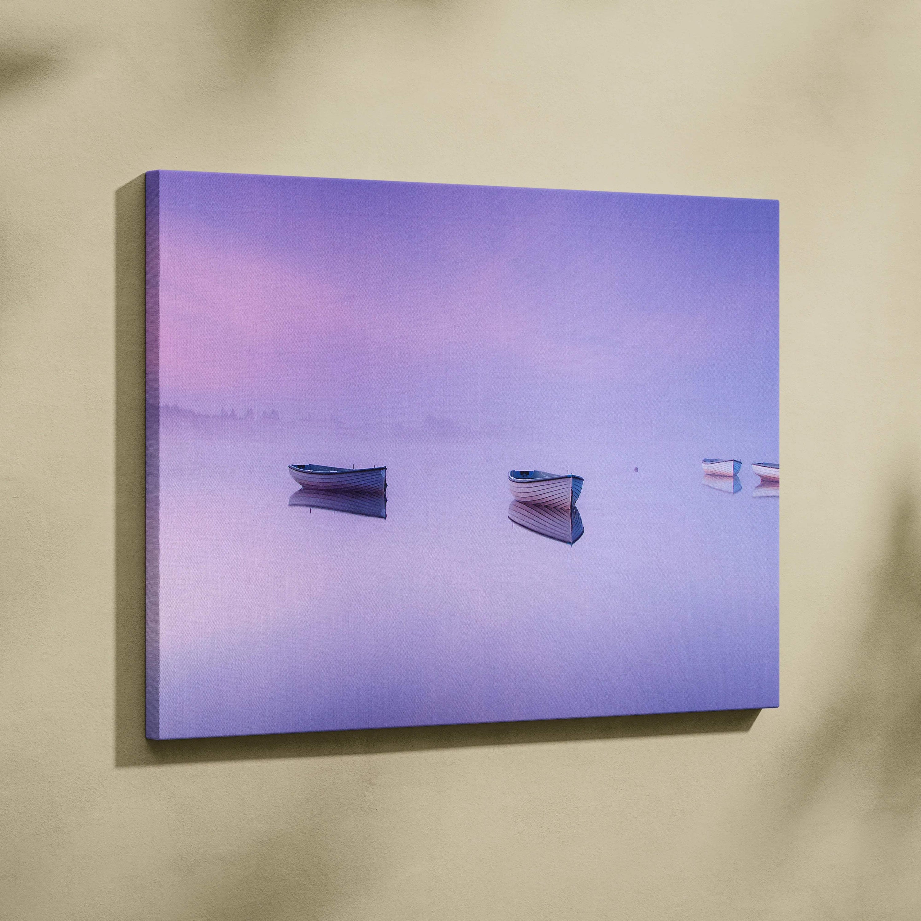 Fine art canvas print of three boats on foggy mirror lake in lilac pink blue tones
