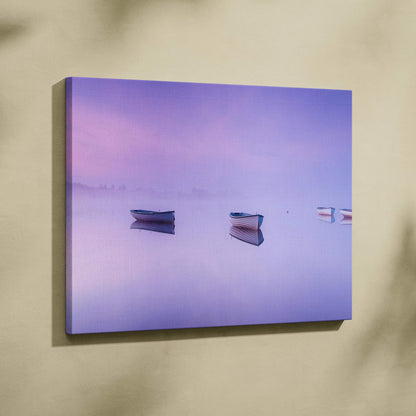 Fine art canvas print of three boats on foggy mirror lake in lilac pink blue tones