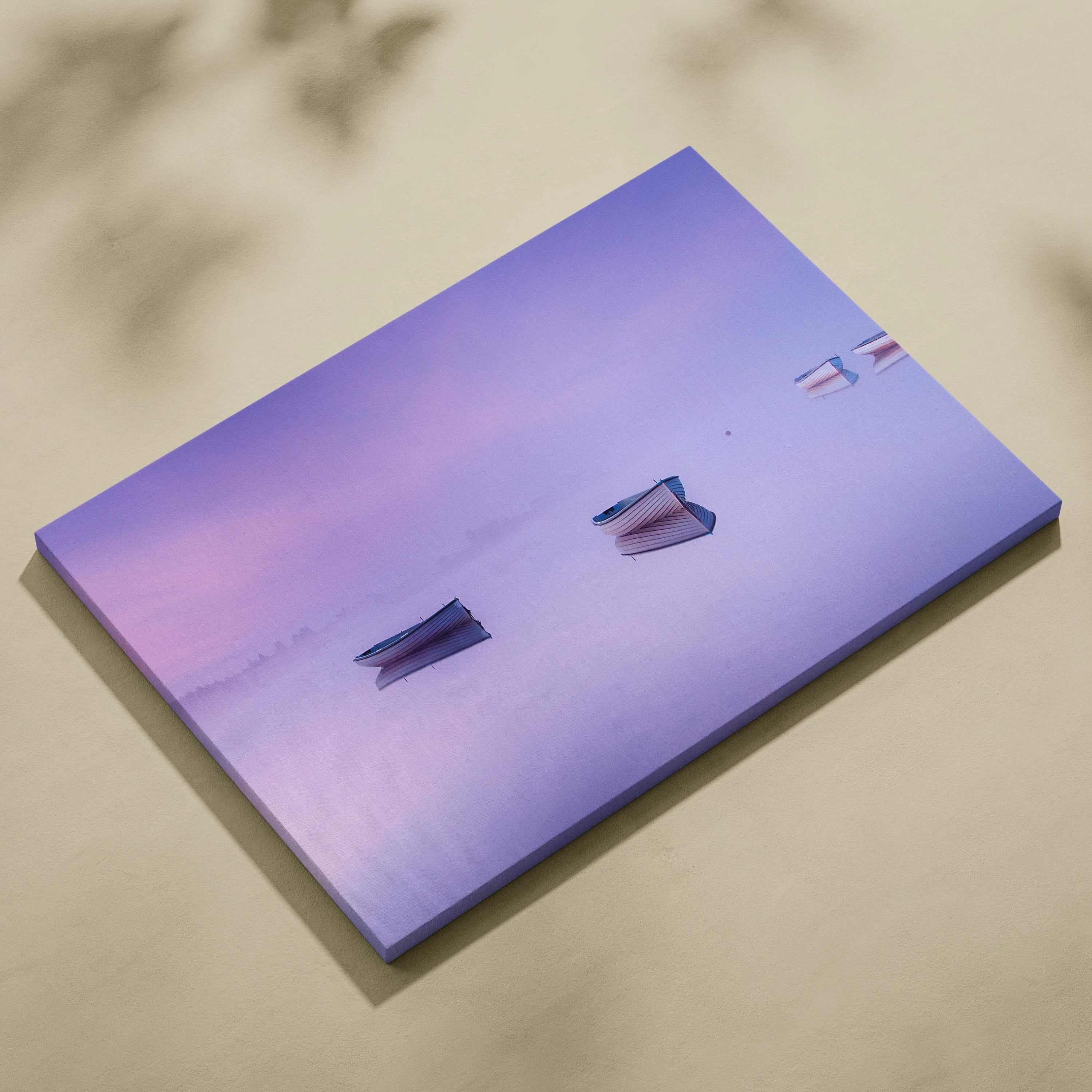 Purple abstract boats canvas print on foggy mirror lake in lilac pink blue tones