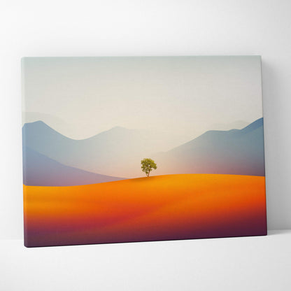 Minimal solitary green tree on burnt orange hill with misty blue mountains canvas art