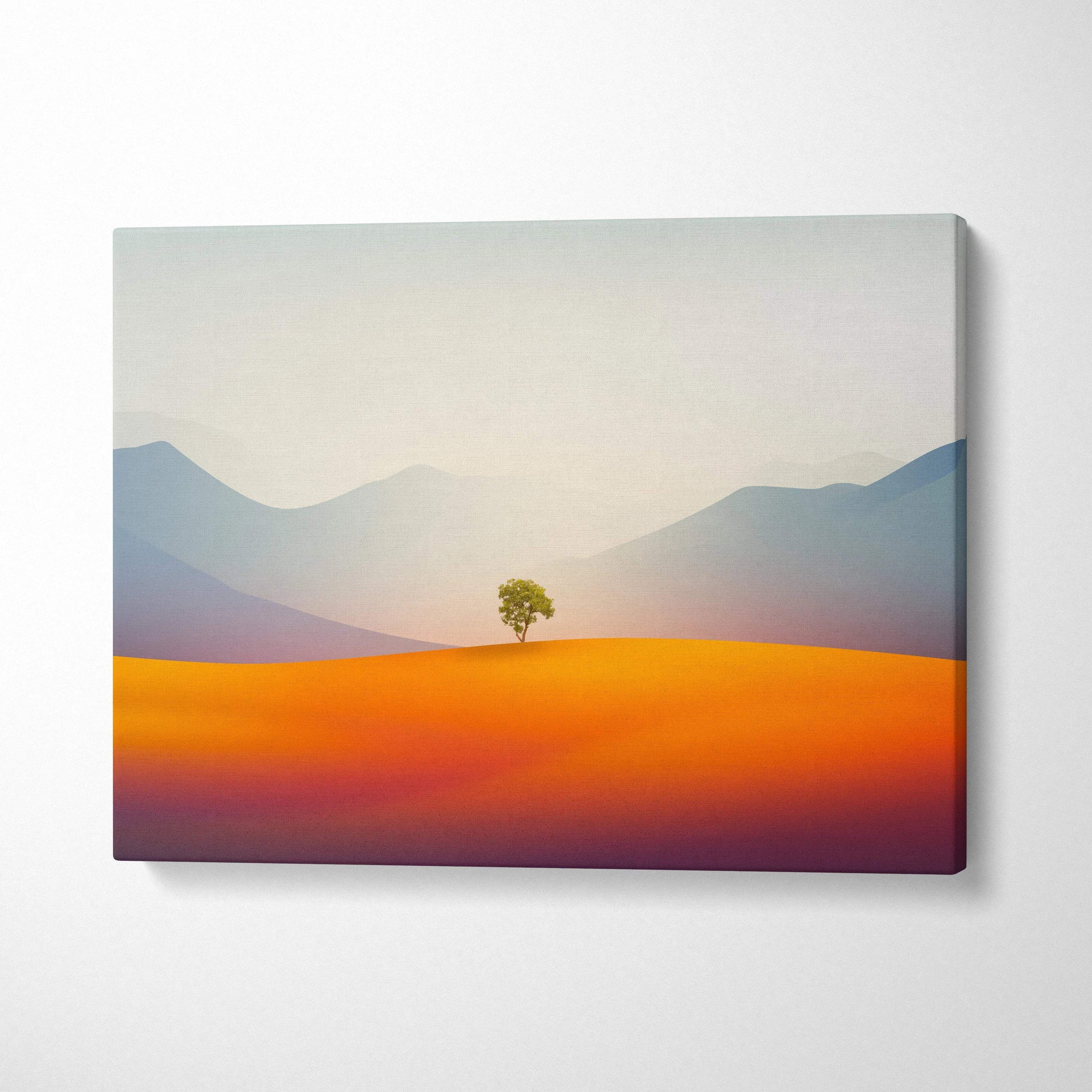 Minimal solitary green tree on burnt orange rolling plains and misty layered mountains canvas art
