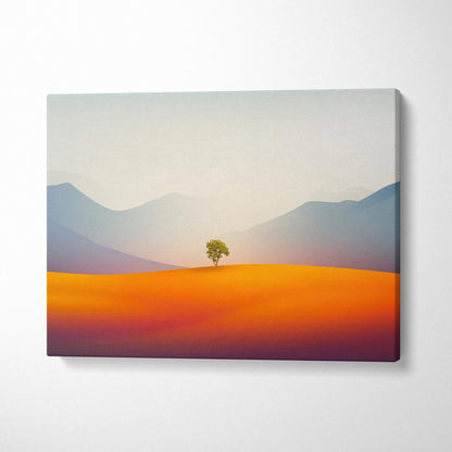 Minimal solitary green tree on burnt orange rolling plains and misty layered mountains canvas art