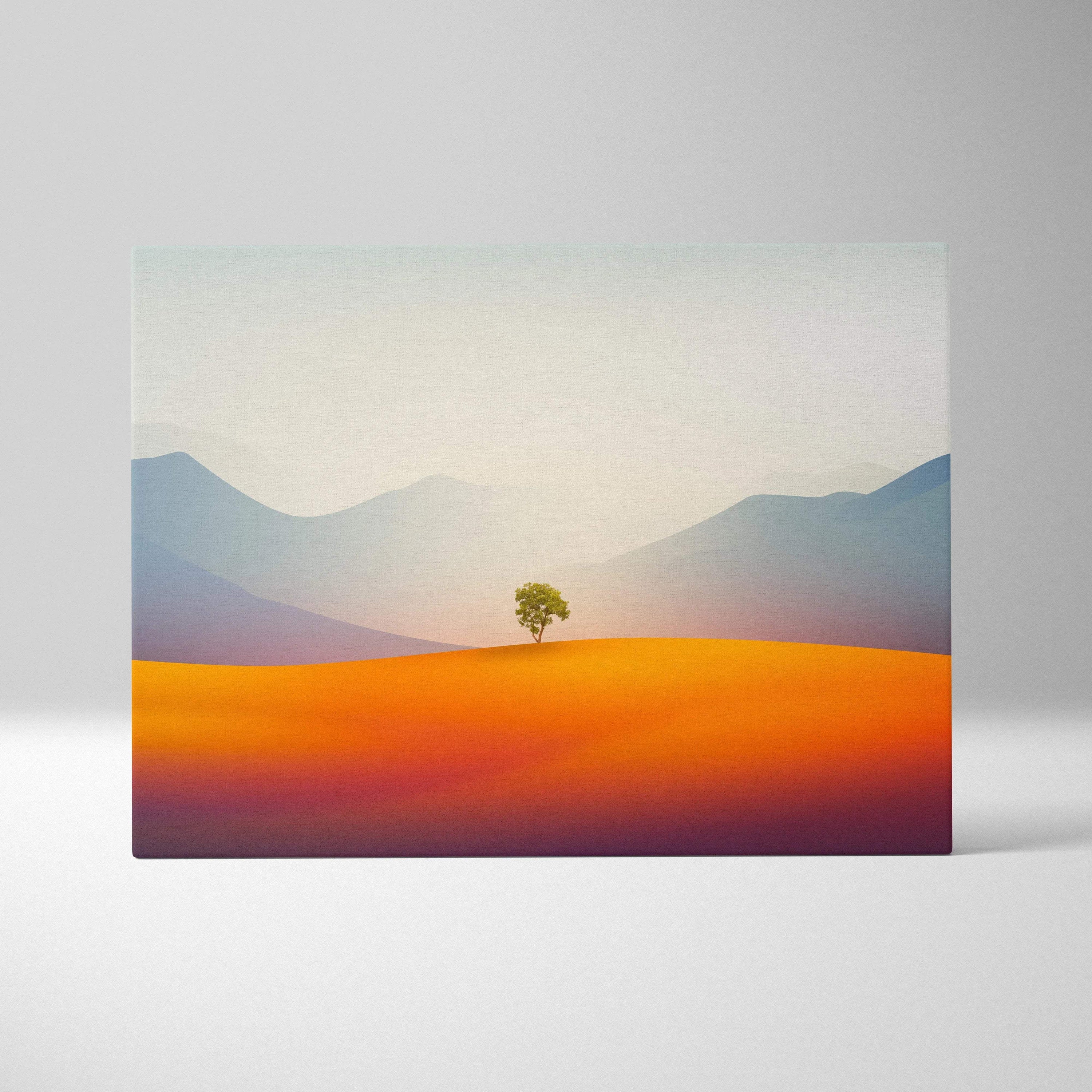 Minimal solitary green tree on burnt orange plains with misty mountains canvas art