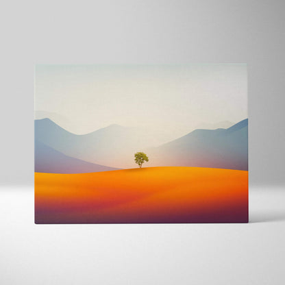 Minimal solitary green tree on burnt orange plains with misty mountains canvas art