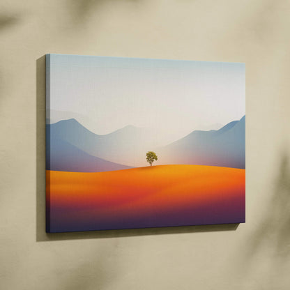 Minimal solitary green tree on burnt orange plains with misty blue mountains canvas art