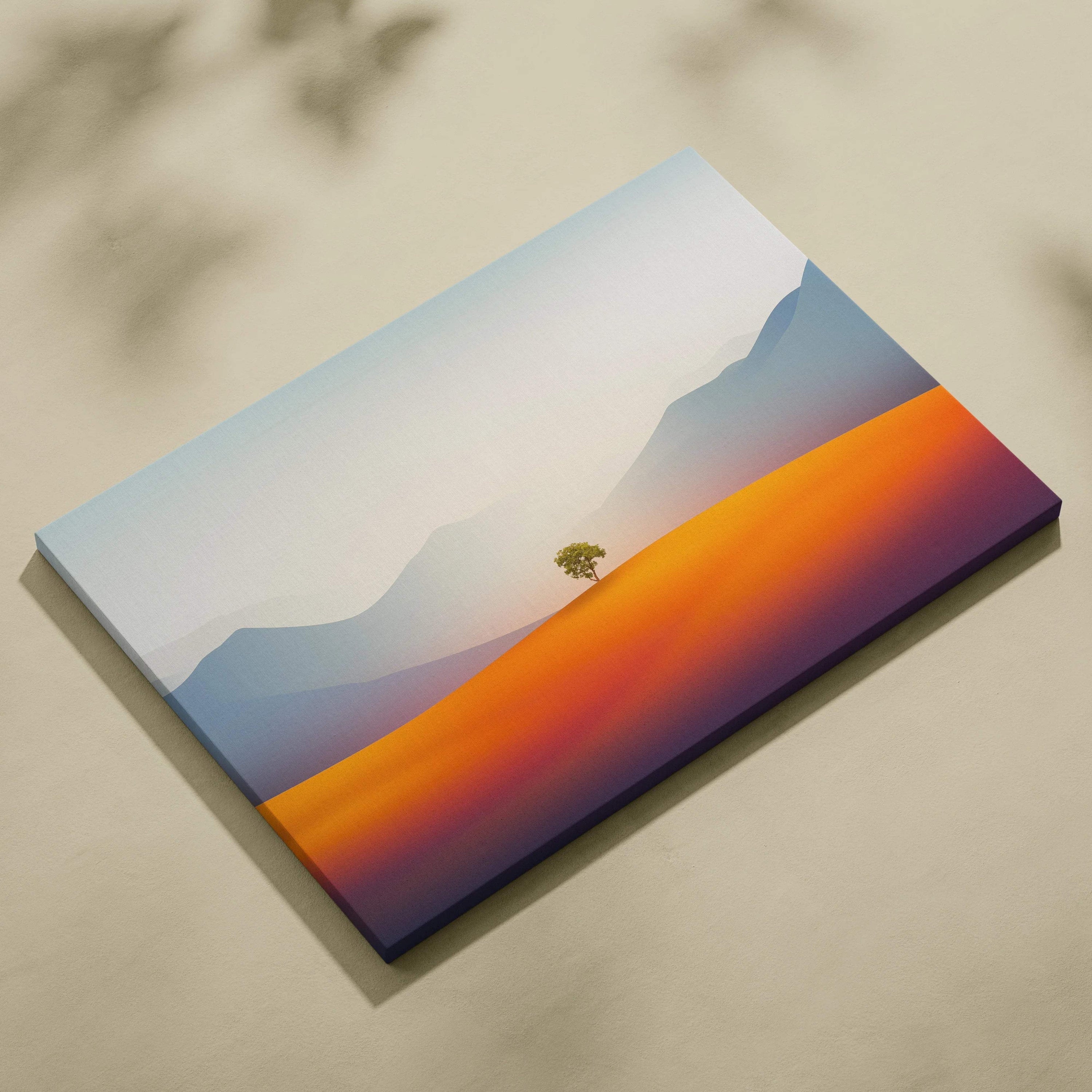 Minimal landscape canvas print with solitary tree on burnt orange plains and misty mountains