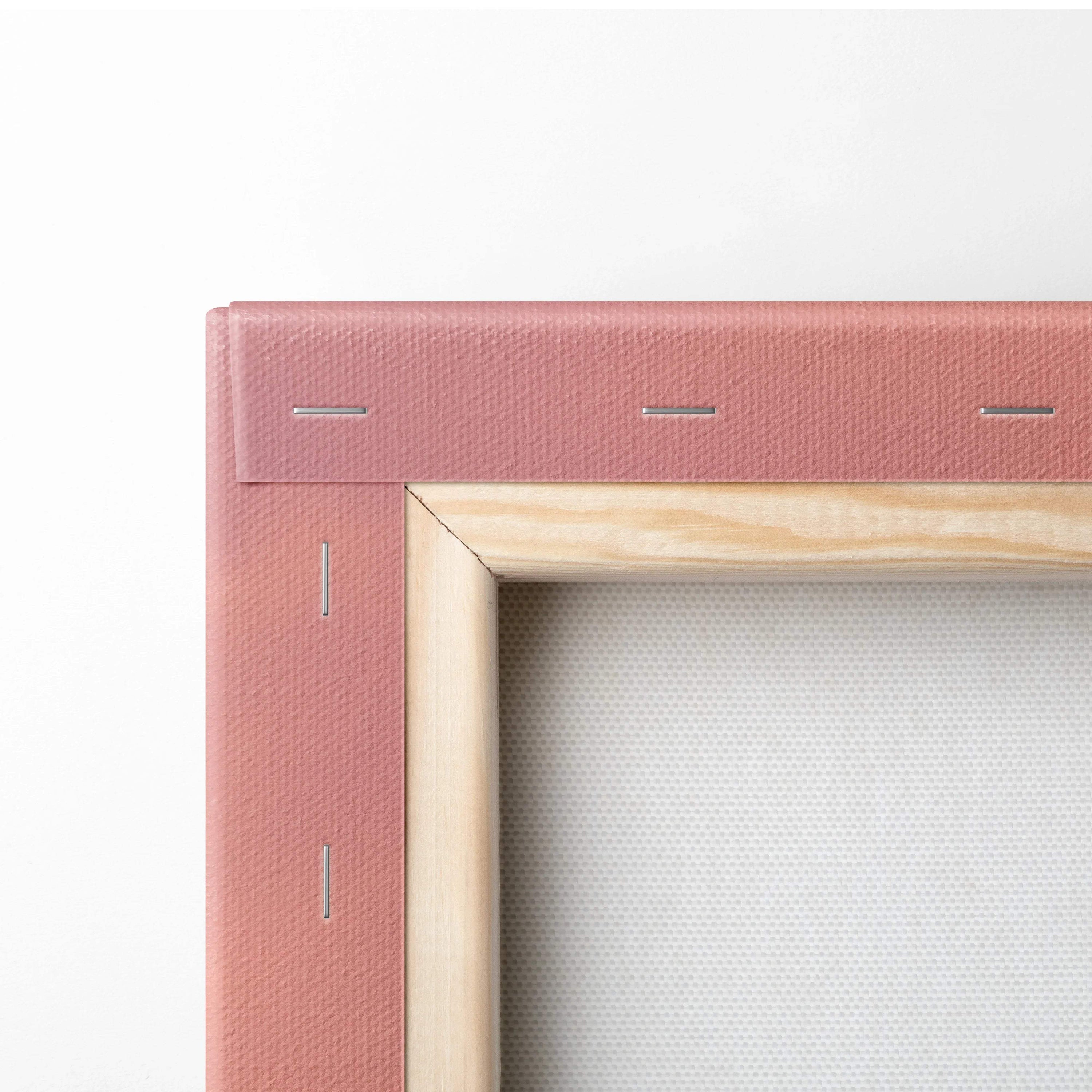 Pink textured canvas frame with light wood border, pastel surreal landscape art
