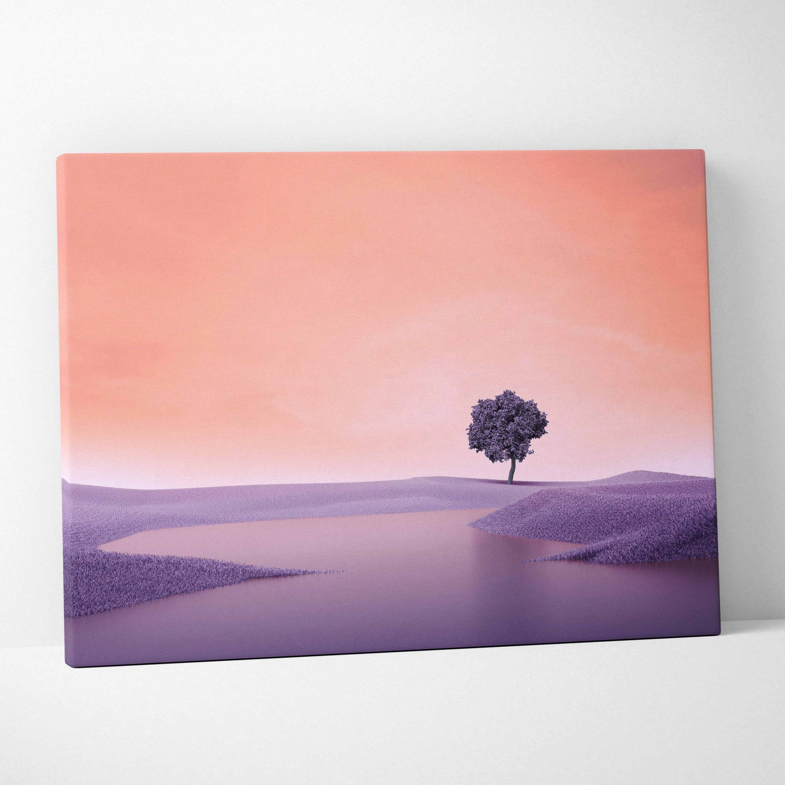 Serene lone tree by calm lake on purple hills under peach sky canvas art