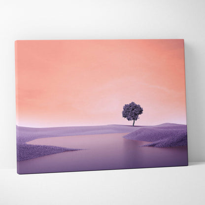 Serene lone tree by calm lake on purple hills under peach sky canvas art