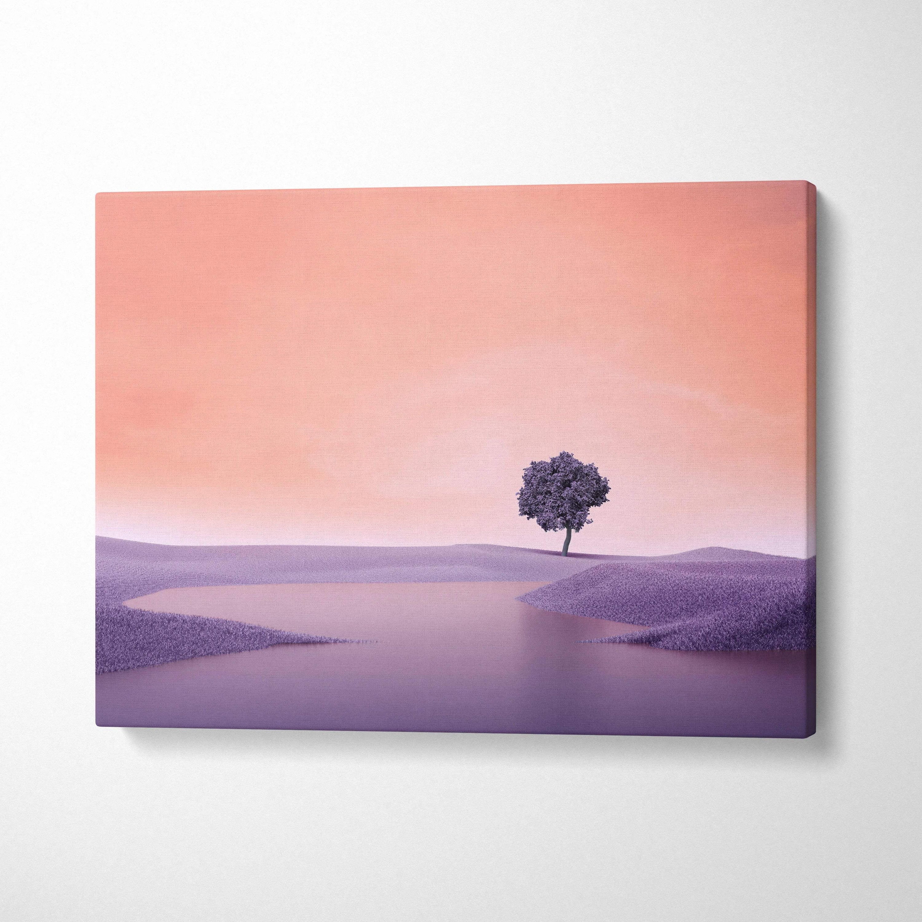 Serene pastel surreal landscape canvas with lone tree by calm lake under peach sky