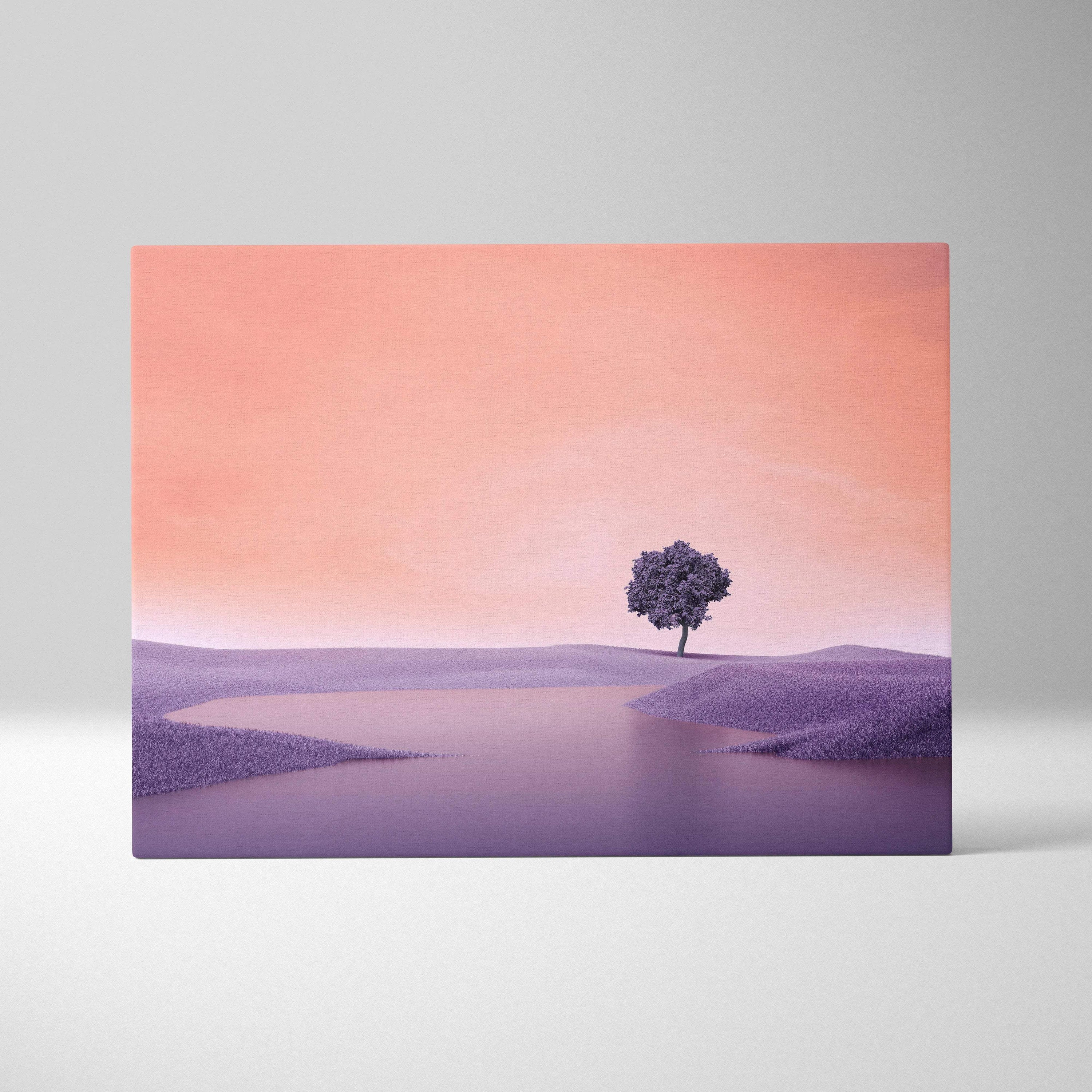 Pastel surreal landscape canvas print with lone tree by calm lake on purple hill
