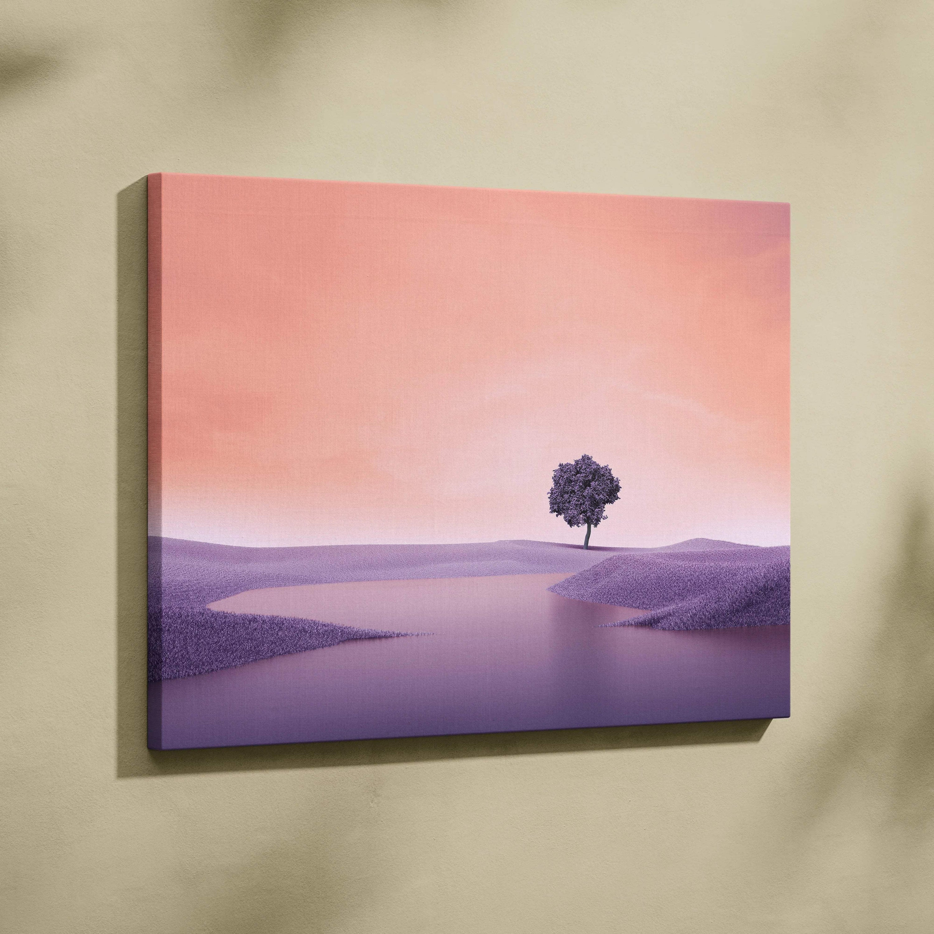 Purple canvas print of lone tree by calm lake under soft peach sunset sky