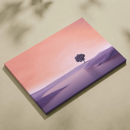 Pastel surreal landscape canvas print with lone tree by calm lake under peach sky
