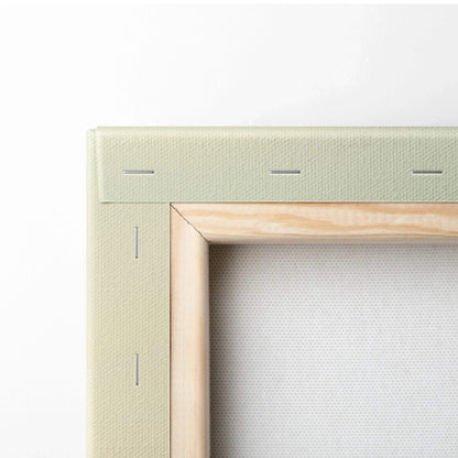 Close-up of wooden stretcher frame and stapled beige canvas for wall art painting.