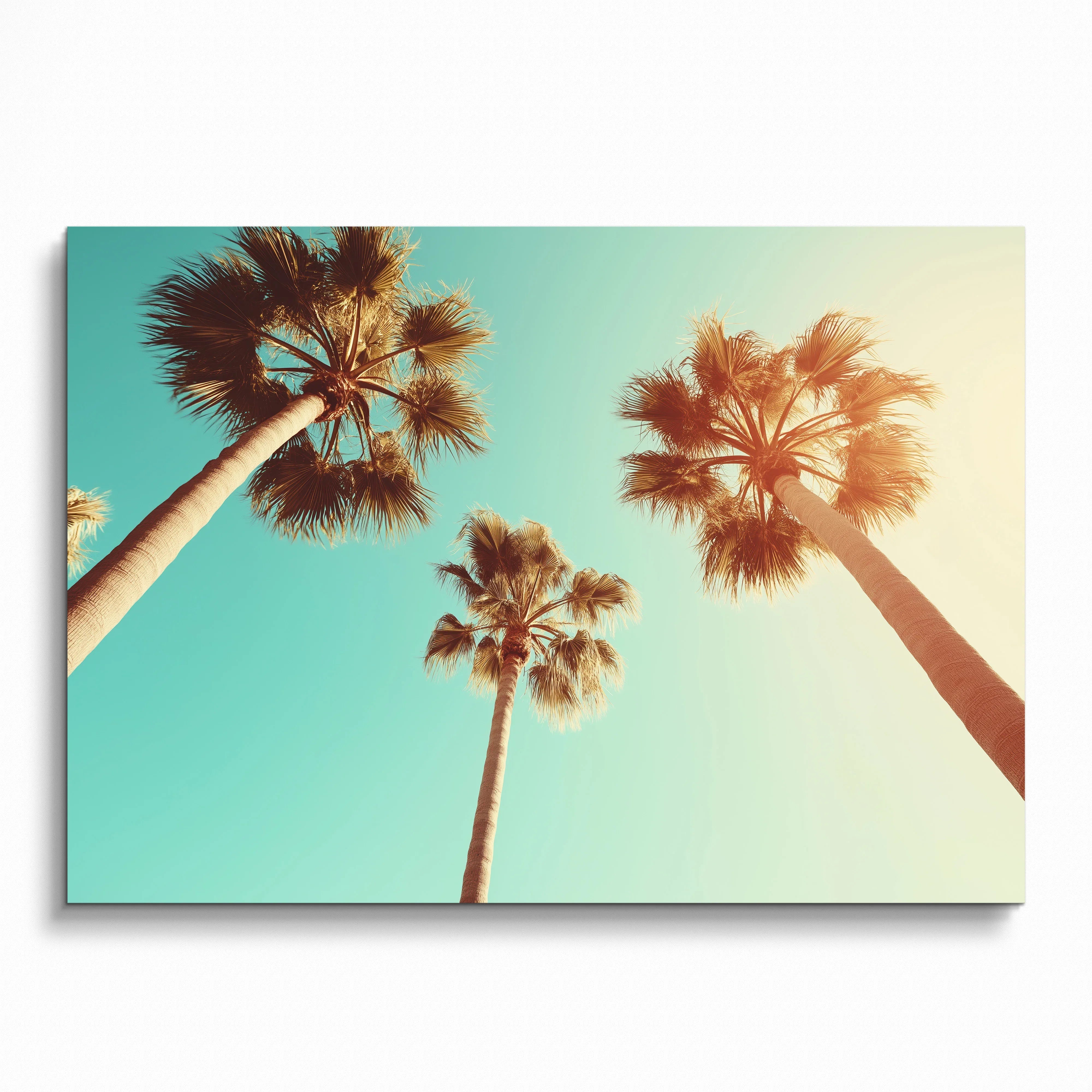 Serene beach poster featuring digital art of palm trees against a blue sky, wall art with warm sunlight glow.