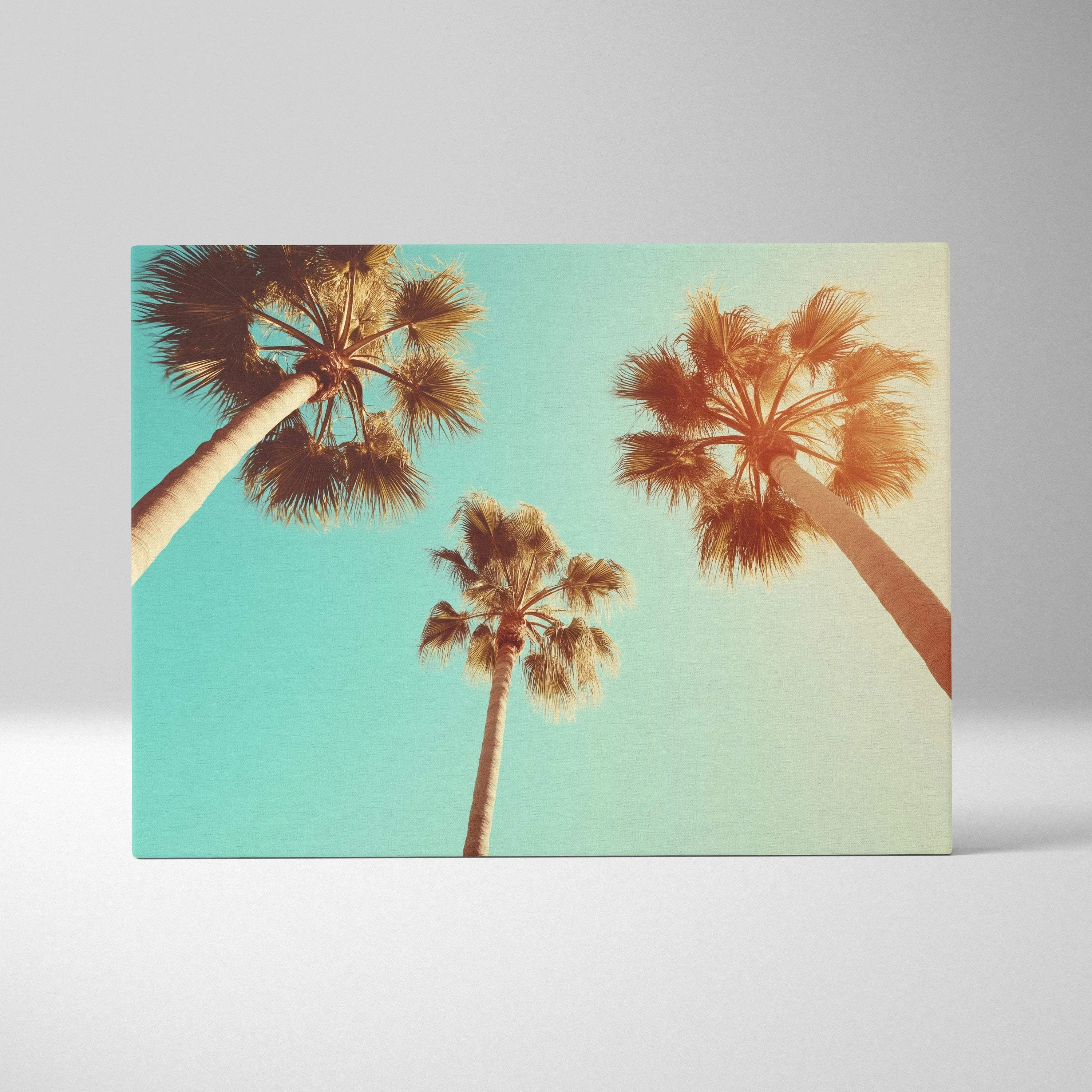 Canvas wall art print featuring tall palm trees against a clear blue sky with warm sunlight glow.