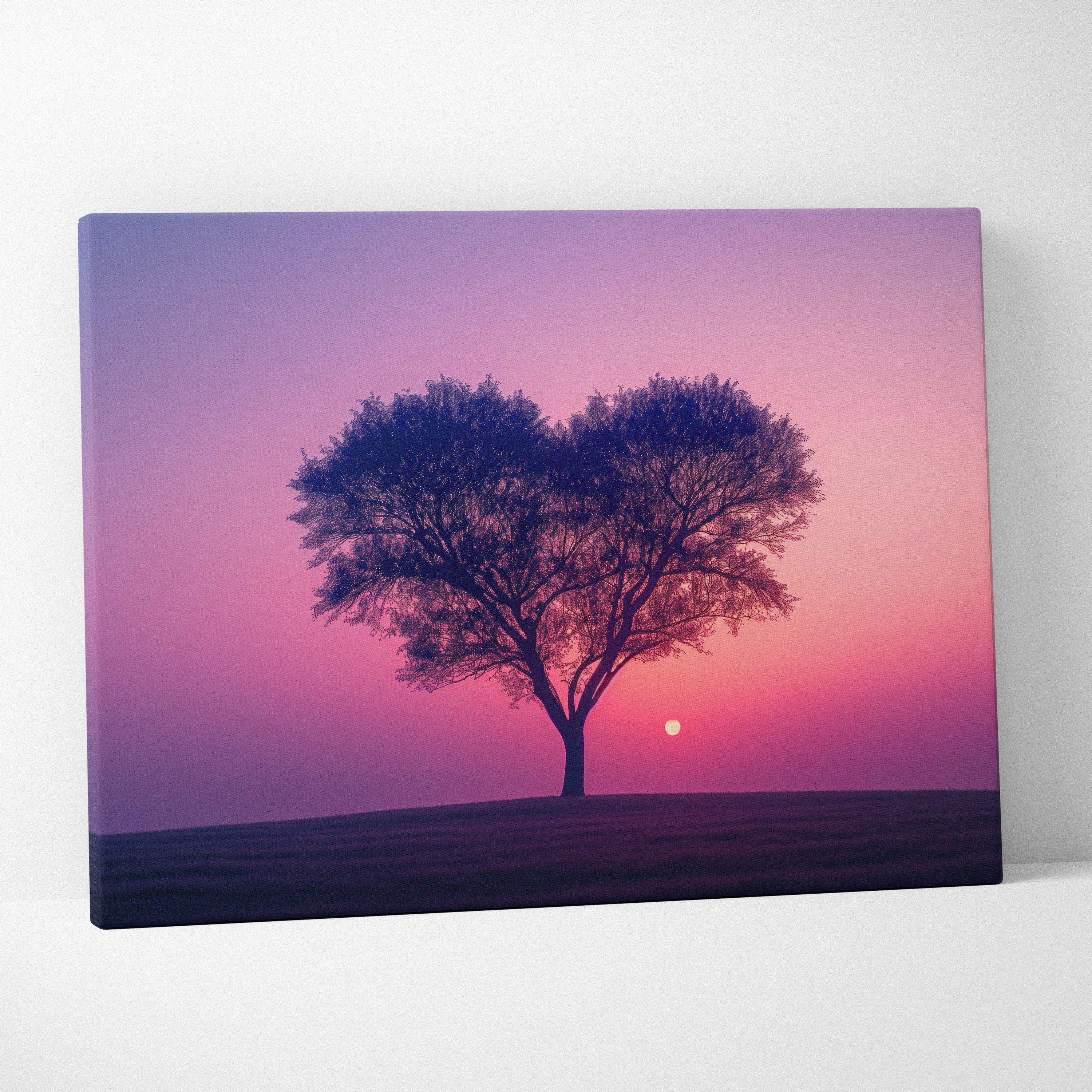 Heart-shaped tree silhouette in romantic pink violet sunset canvas wall art