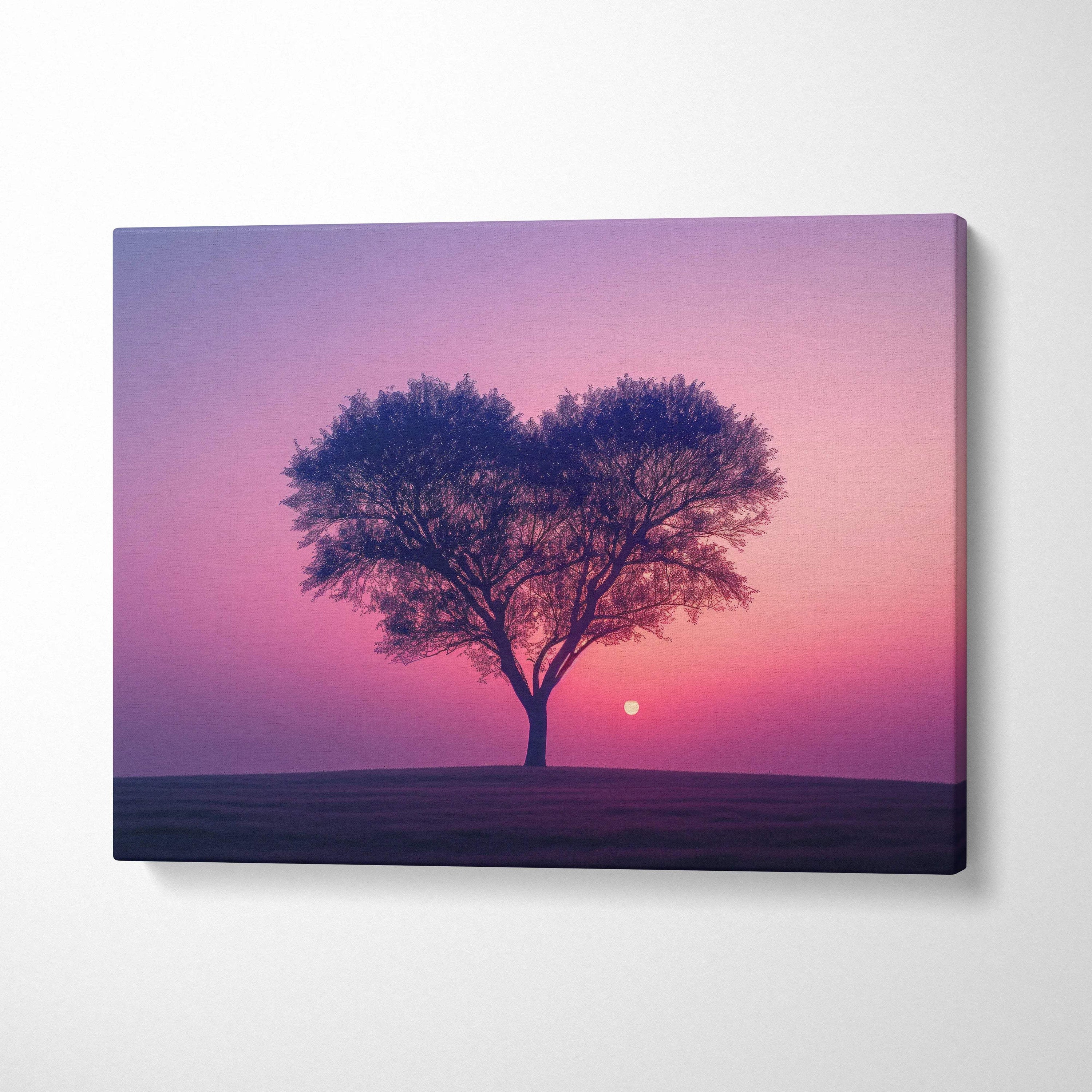 Romantic heart-shaped tree silhouette at pink violet sunset canvas art