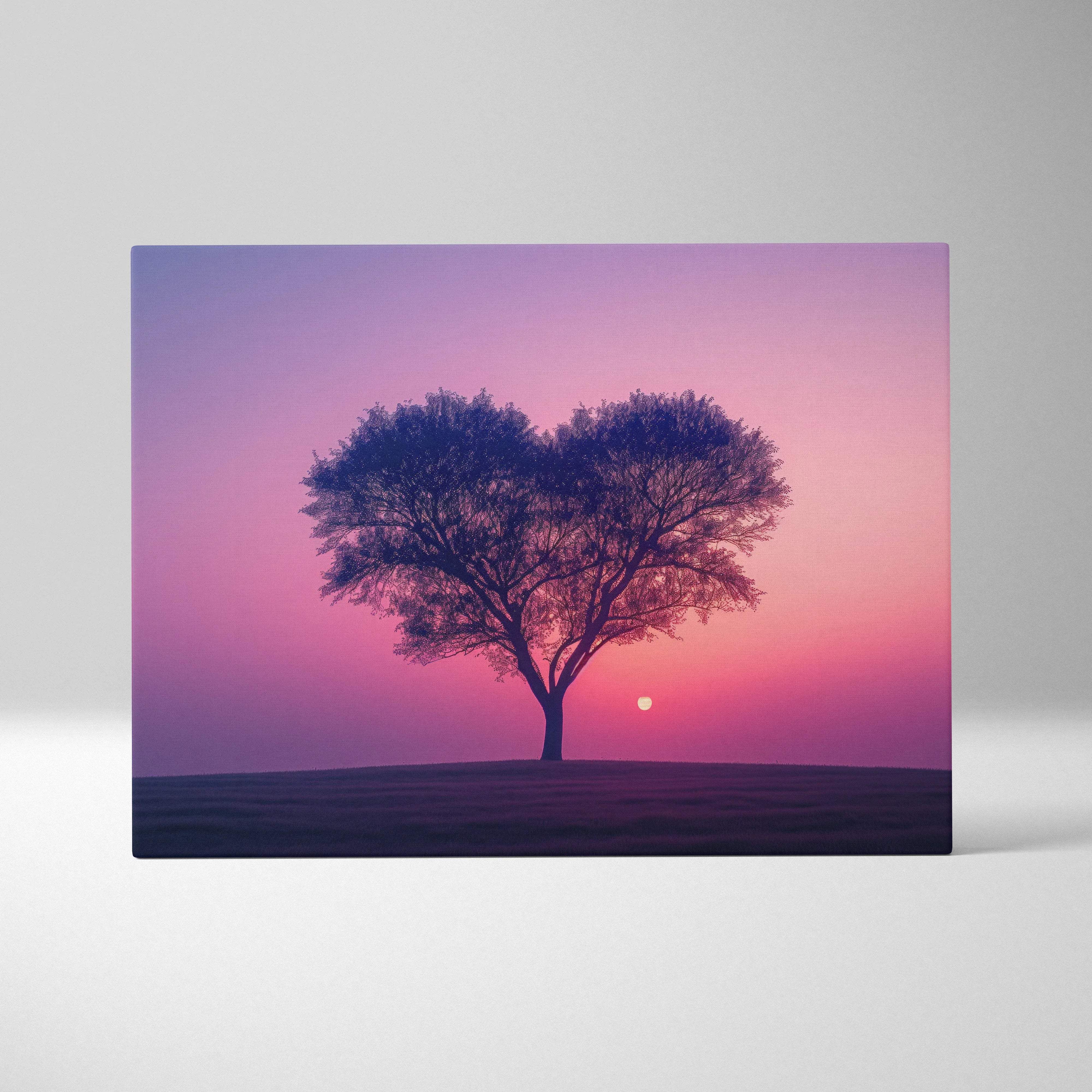 Romantic heart-shaped tree silhouette at pink violet sunset canvas print