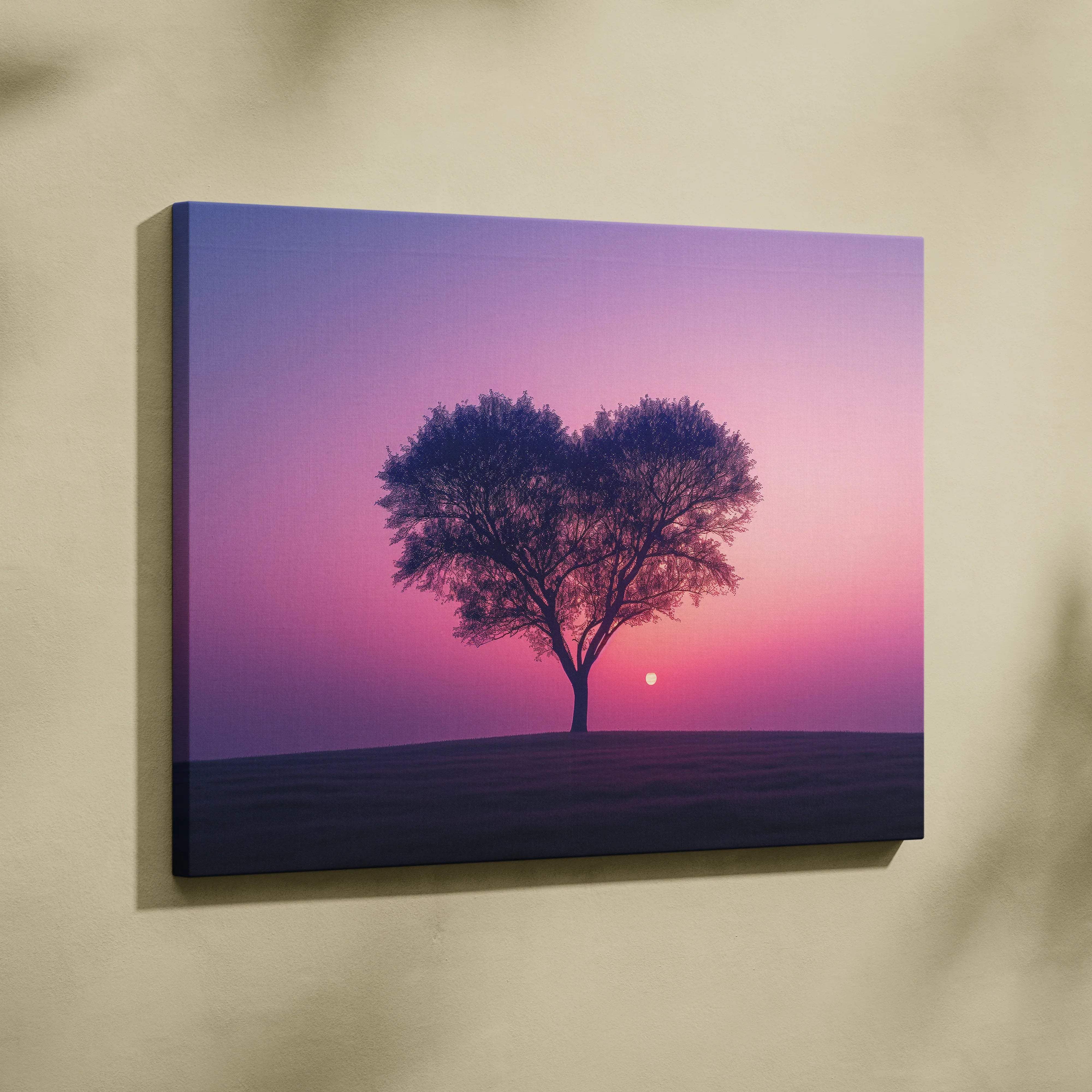 Romantic heart-shaped tree silhouette at pink violet sunset canvas art