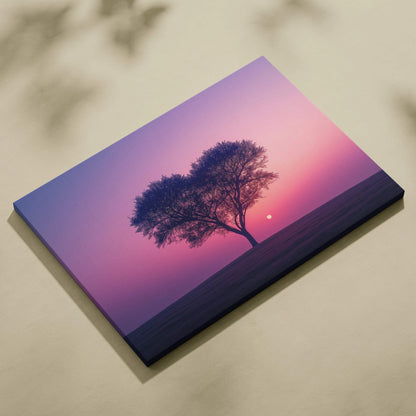 Heart-shaped tree silhouette at pink violet sunset canvas wall art