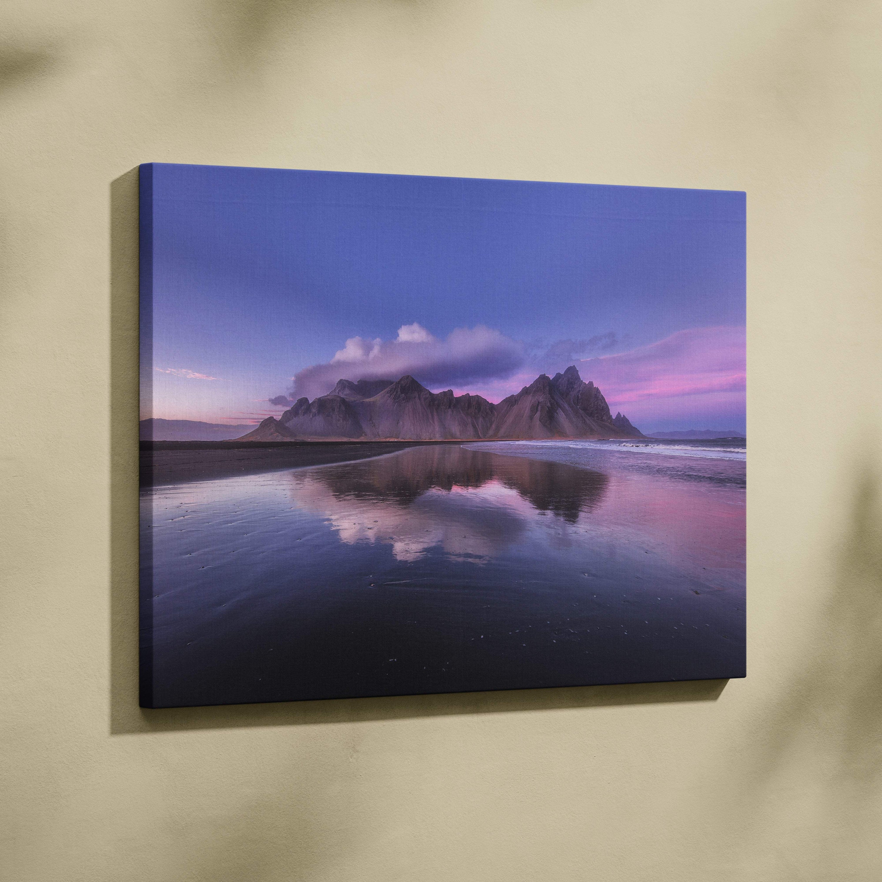 A square canvas print of iceland mountain beach with purple sunset reflection for modern living room decor