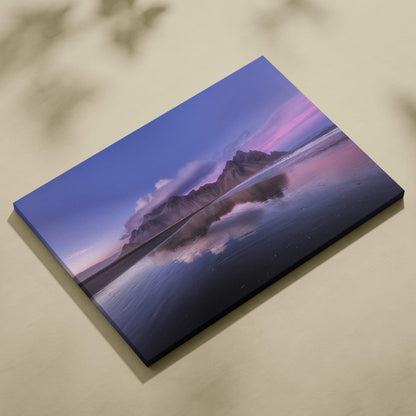 Rectangular canvas print of iceland mountain beach with purple sunset reflection in calm water on dark frame for modern decor