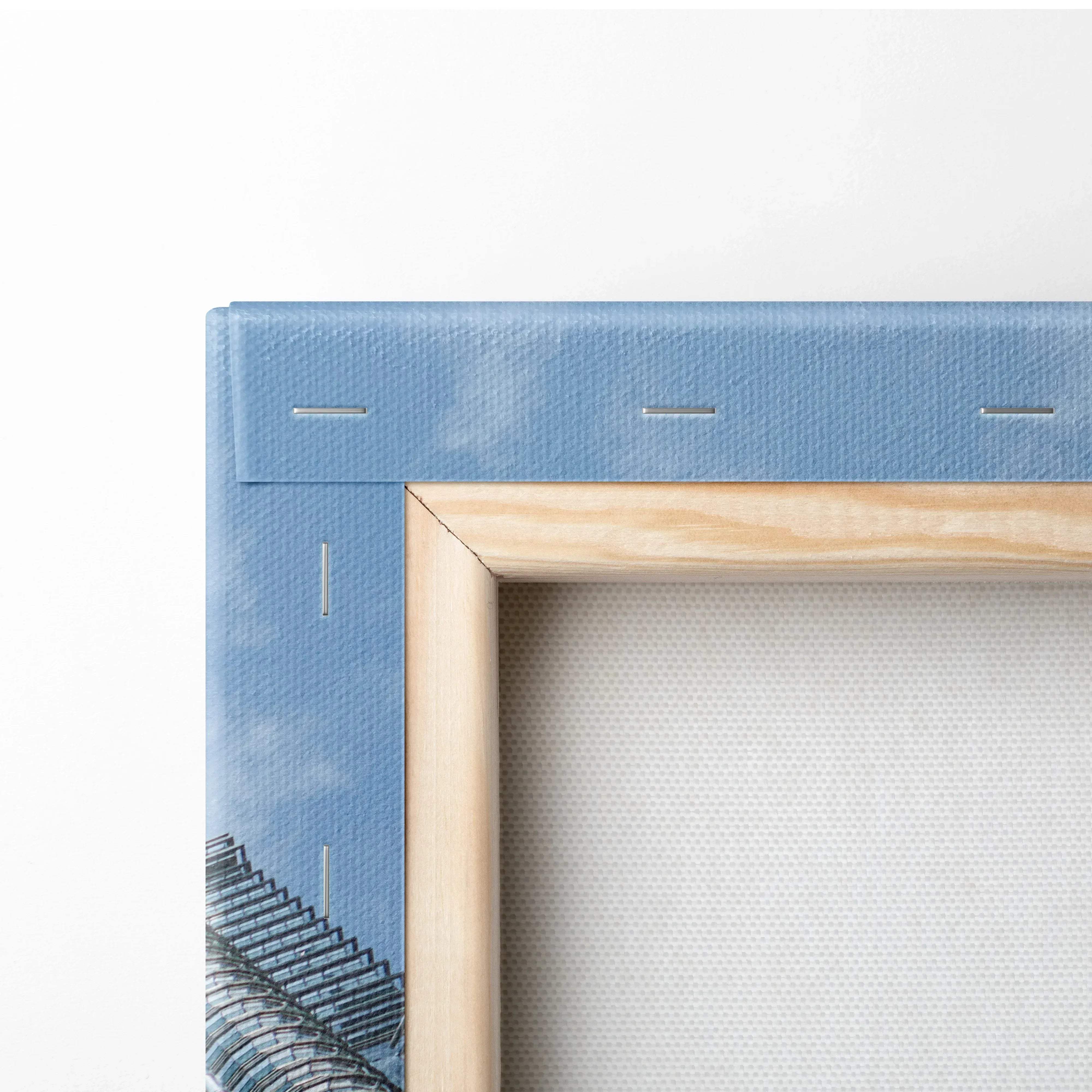 Light wood frame with blue canvas border and stitching details for contemporary urban architecture city skyline wall art