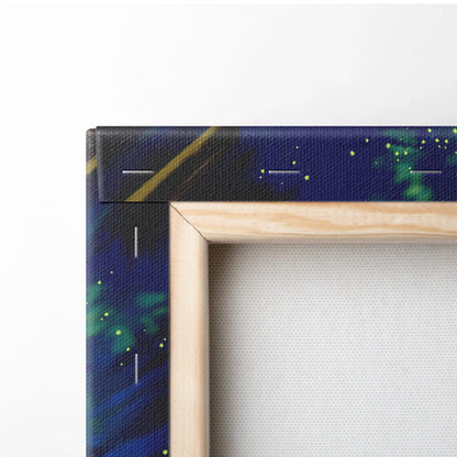 Fantasy Forest Doves canvas wall art in emerald greens, deep blues, cosmic starry patterns on wooden frame