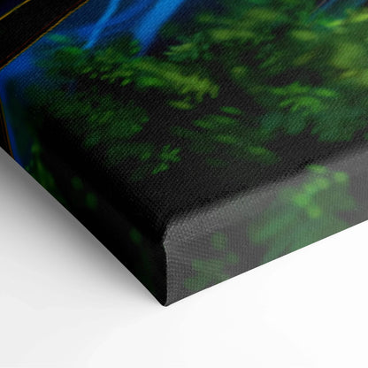 Fantasy Forest Doves canvas wall art with emerald greens, deep blues, doves, and radiant moonlight beam