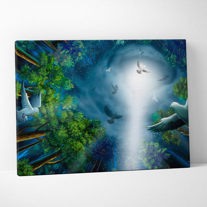 Fantasy Forest Doves canvas art with glowing portal and starry sky