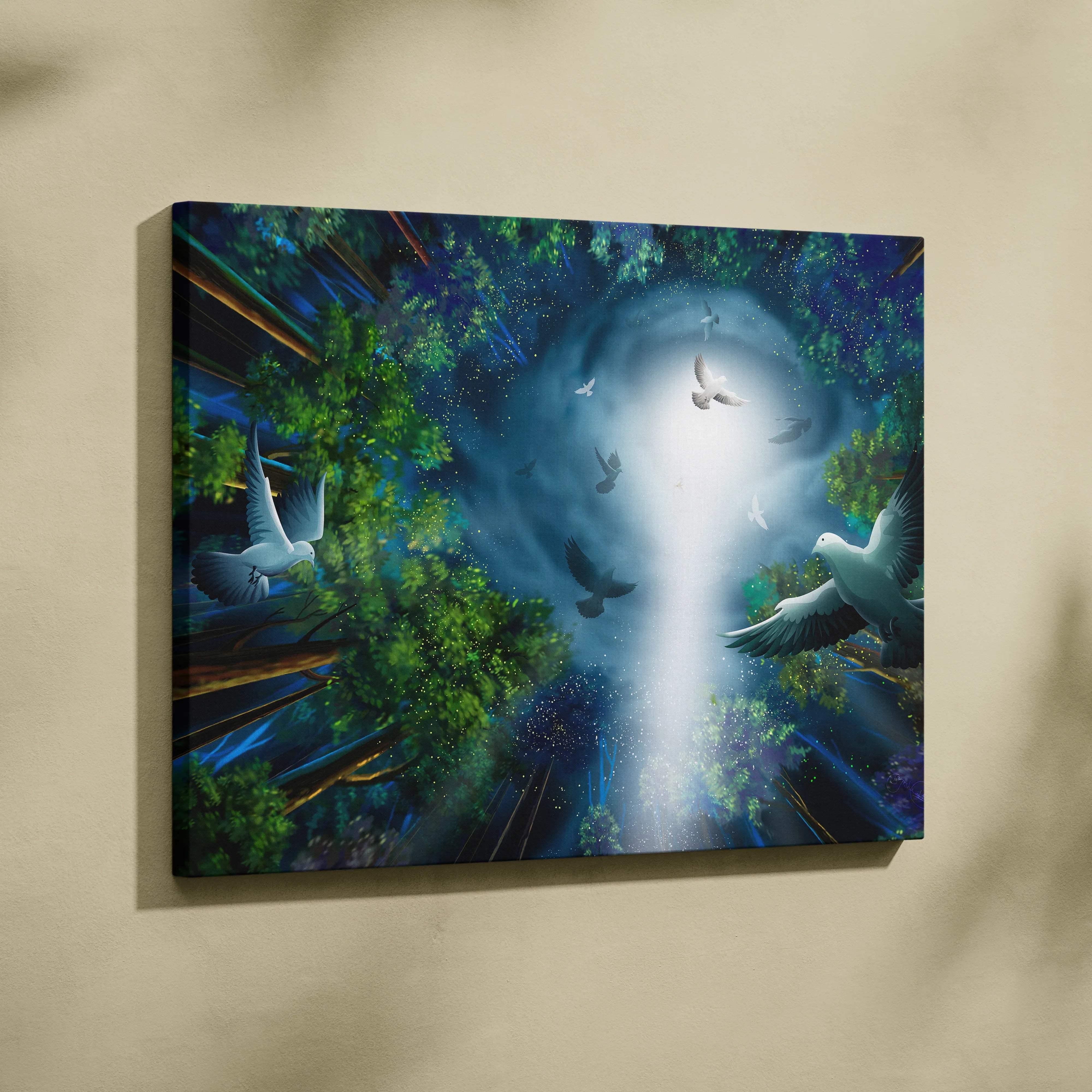 Fantasy Forest Doves canvas wall art in emerald greens, deep blues with radiant moonlight beam