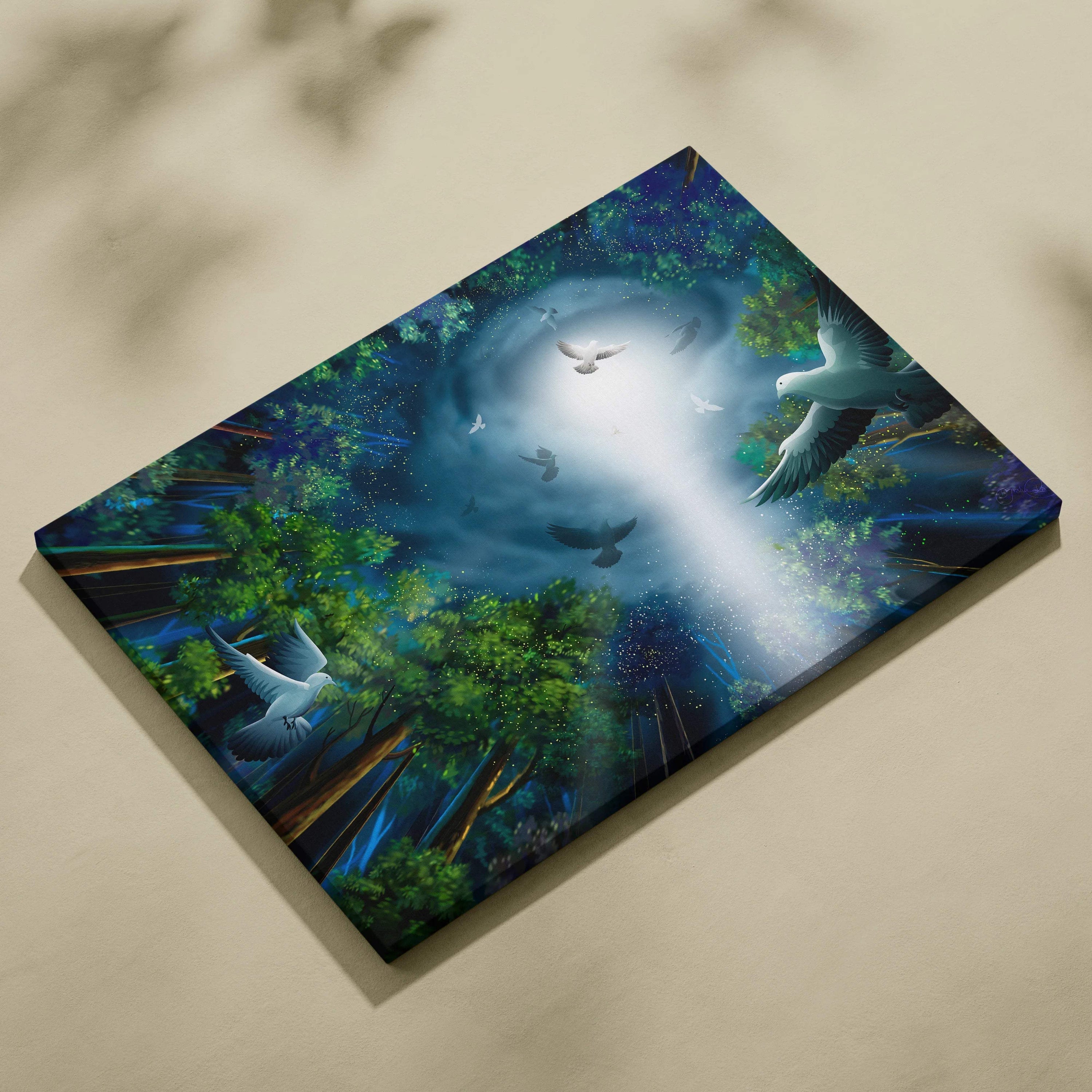 Fantasy Forest Doves canvas wall art with emerald greens, deep blues, radiant moonlight beam, mystical forest, white birds in flight