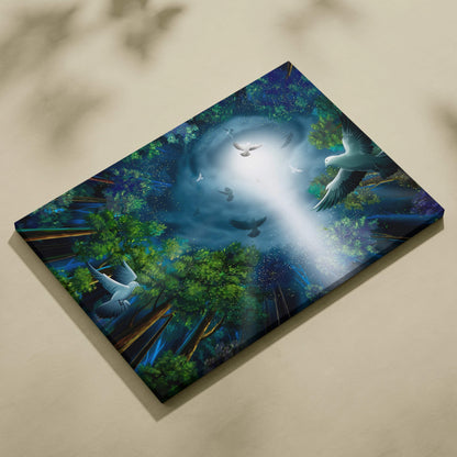 Fantasy Forest Doves canvas wall art with emerald greens, deep blues, radiant moonlight beam, mystical forest, white birds in flight