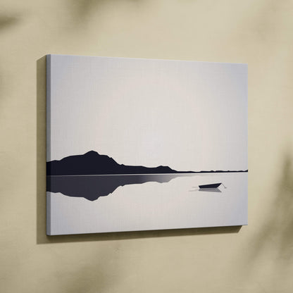 Minimalist monochrome canvas wall art print featuring black mountain and boat silhouettes on off-white background for modern decor