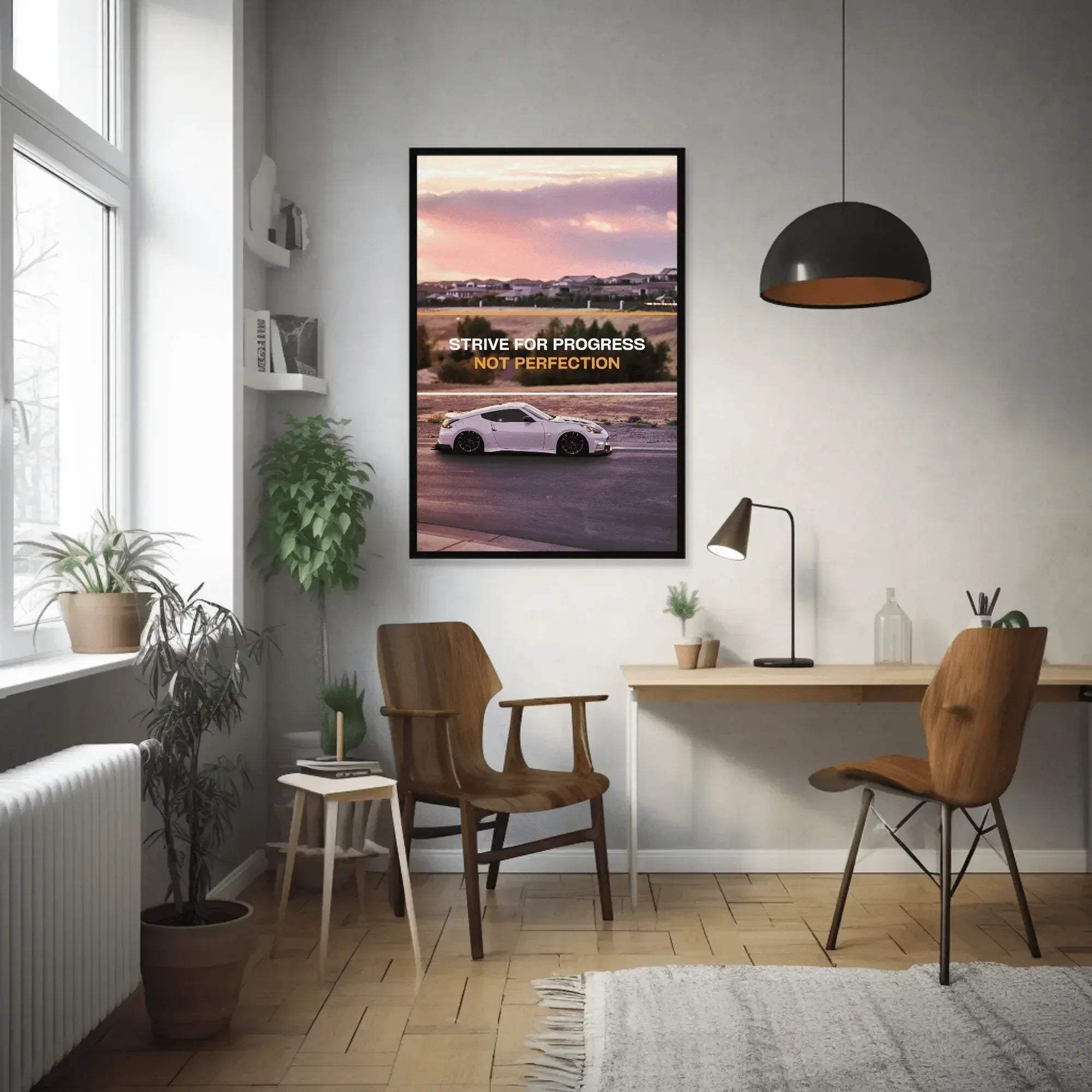 Motivational wall art poster featuring a white Nissan 370z on a sunset road with inspiring text.