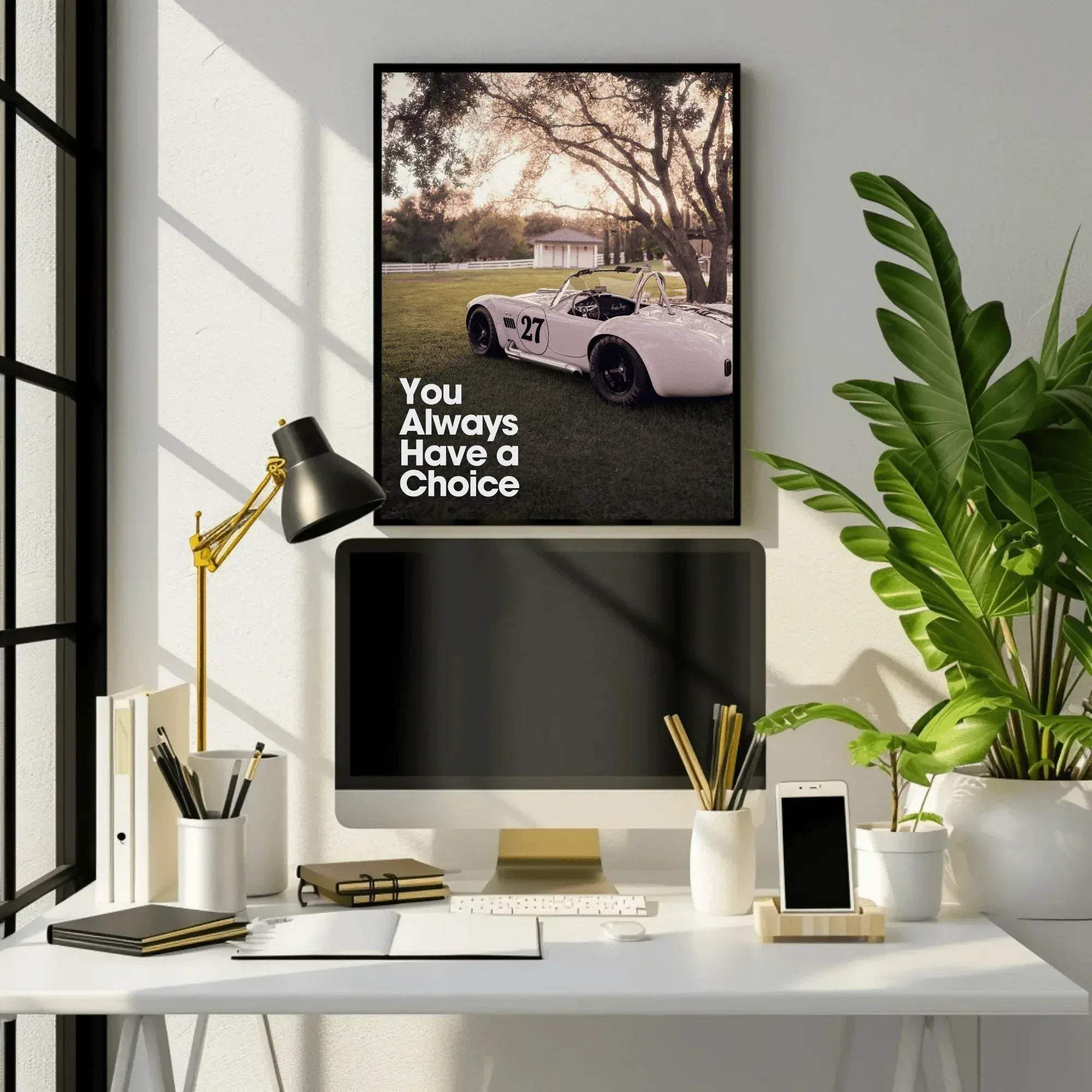 Motivational poster wall art featuring white Shelby Cobra car with inspiring text "You Always Have a Choice".