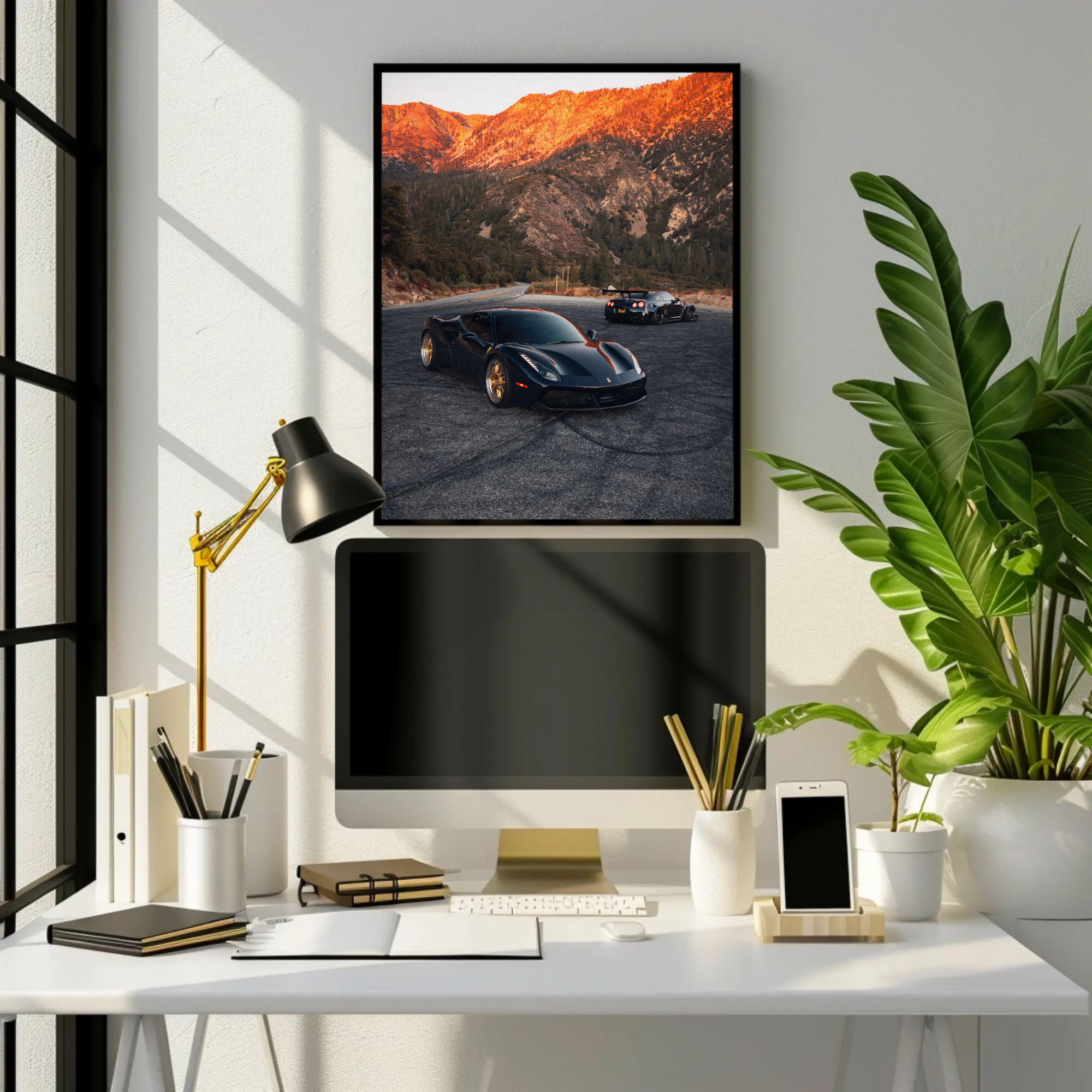 Ferrari 488 GTB & Nissan GTR R35 Supercar Art Print Wall Poster #001