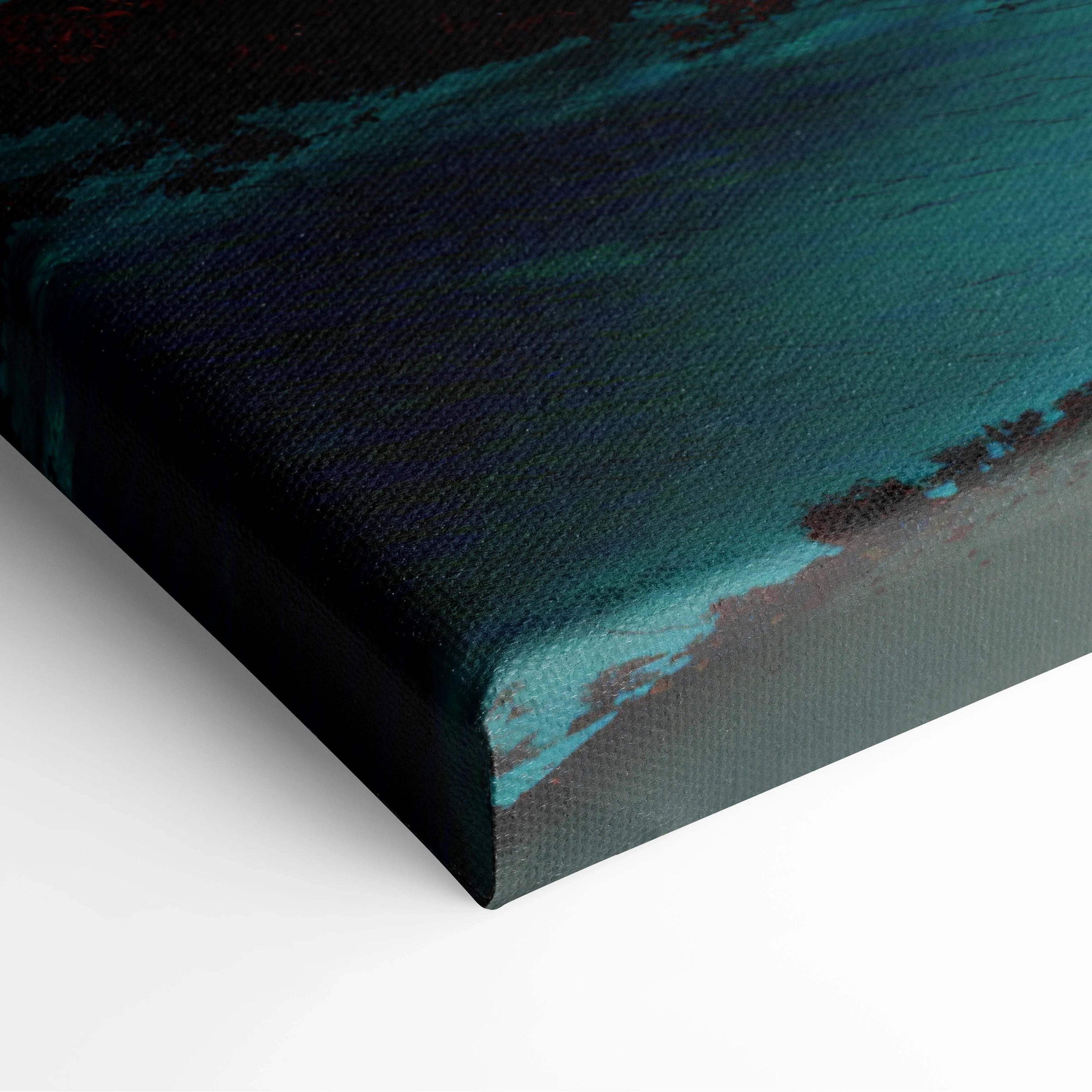 Teal black abstract textured canvas painting of futuristic glowing gateway over sea