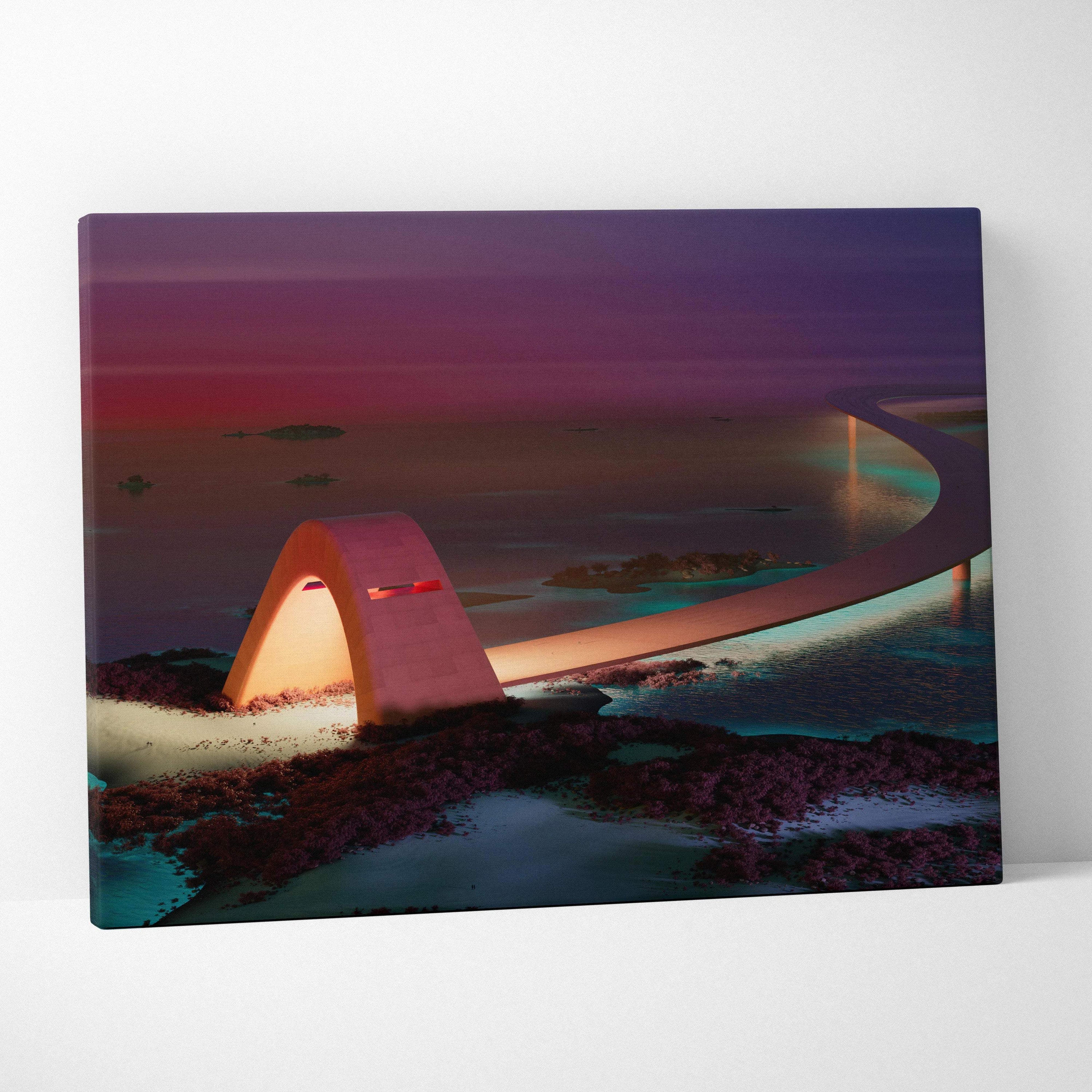 Futuristic glowing arch bridge over sea at dusk, violet teal canvas art