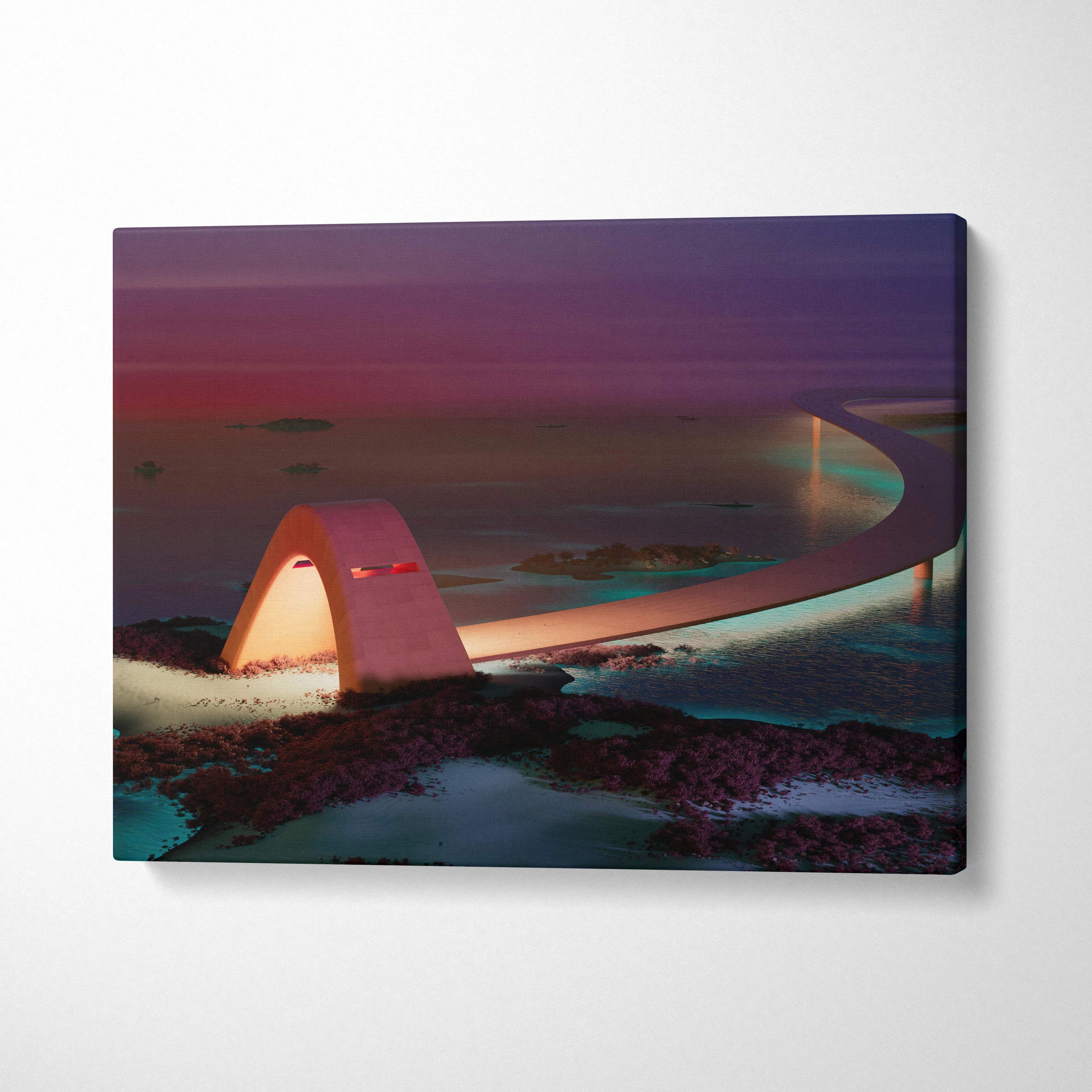 Futuristic glowing arched gateway over serene sea at dusk canvas art