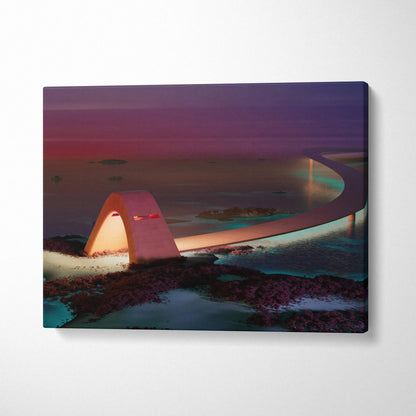 Futuristic glowing arched gateway over serene sea at dusk canvas art