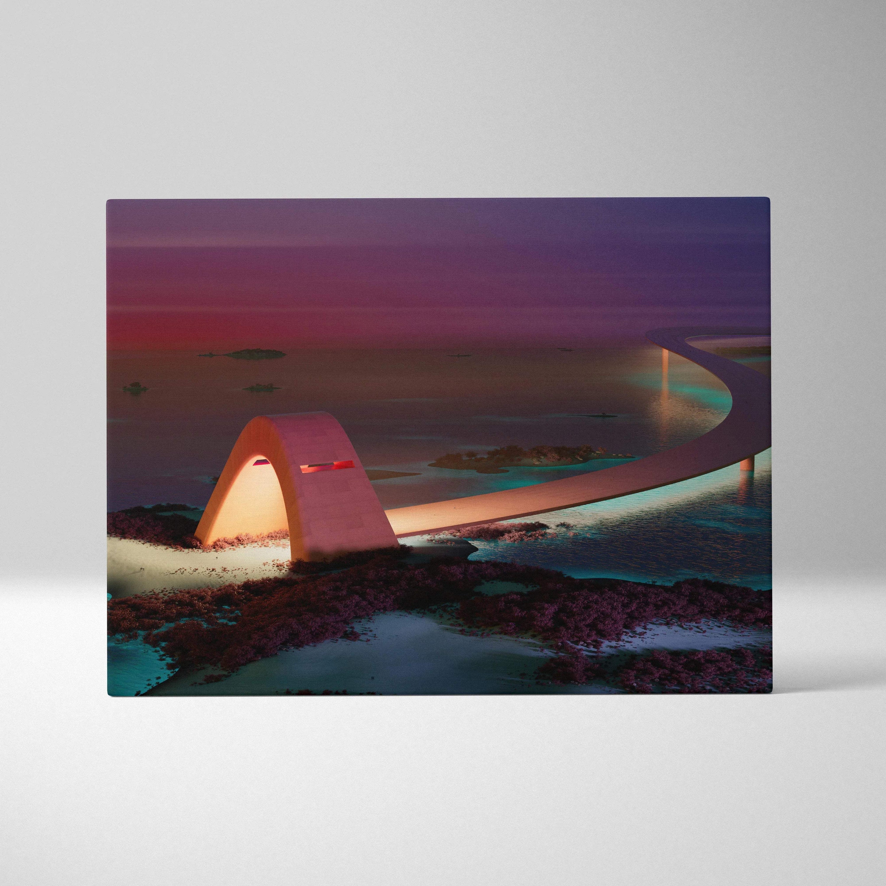 Futuristic arched bridge glowing over serene sea at dusk in violet teal