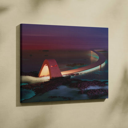 Futuristic glowing arched bridge over serene sea at dusk canvas art