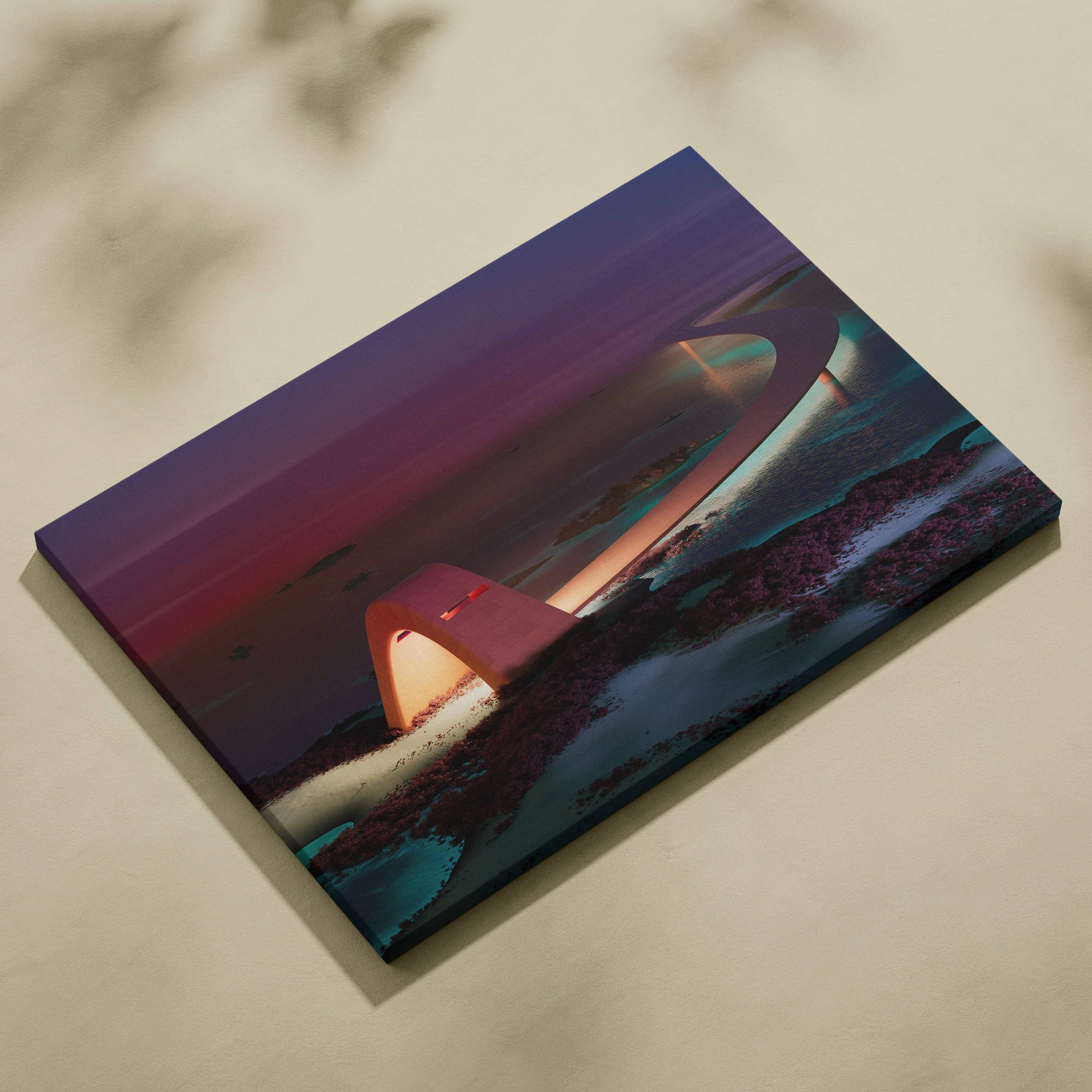 Futuristic glowing bridge over serene sea at dusk canvas art in violet teal