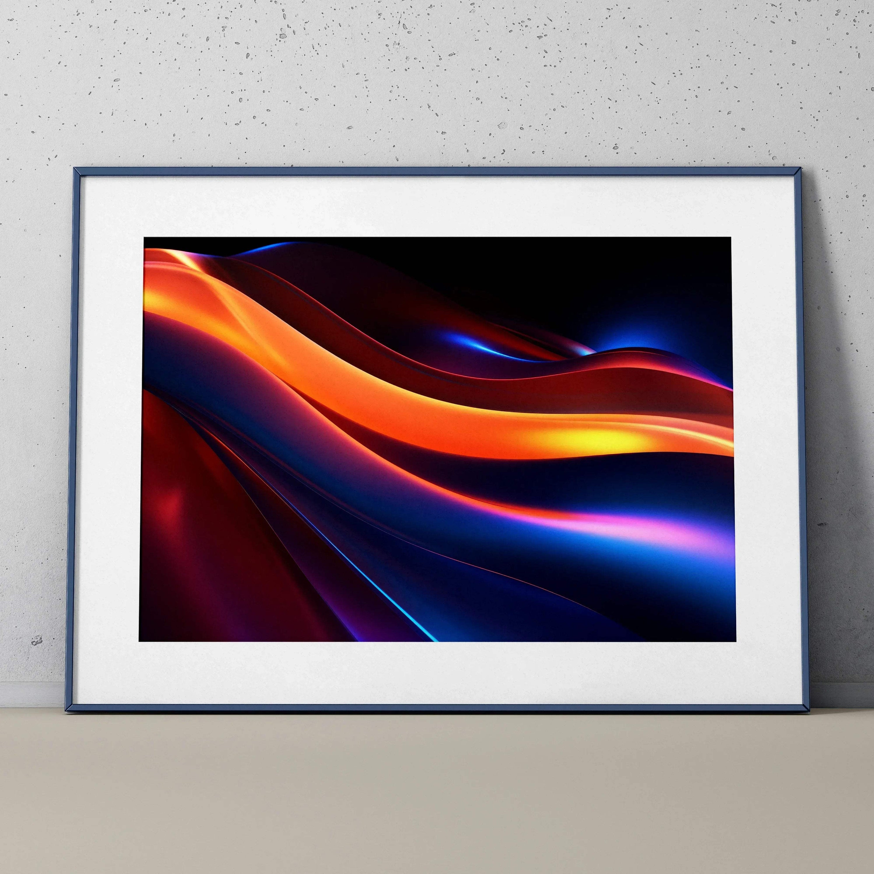 Abstract digital art poster with flowing orange and blue waves, modern wall art print.